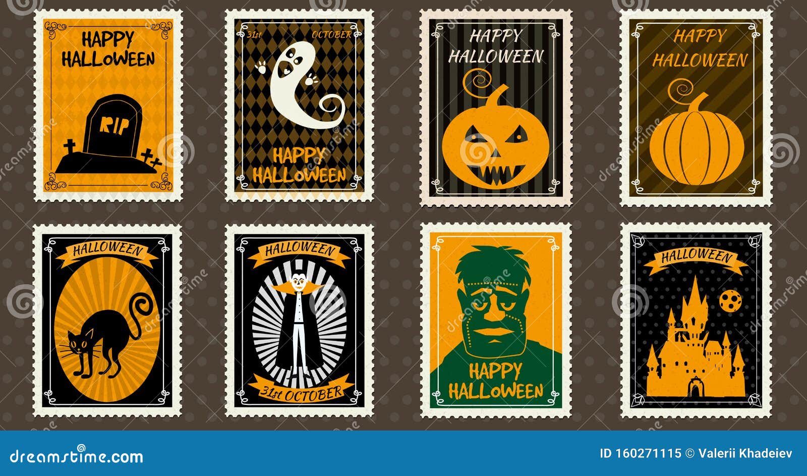 Happy Halloween Set Postage Stamps with Pumpkin, Ghost, Vampire, Zombie