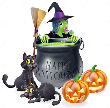 Happy Halloween Witch and Cauldron Stock Vector - Illustration of skin ...