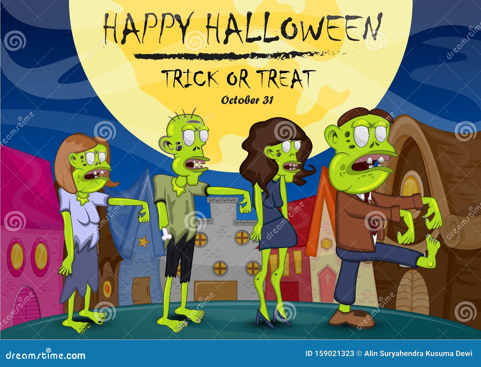 Happy Halloween - Zombie on Small Town Cartoon Vector Illustration Stock  Vector - Illustration of cruel, blue: 159021323