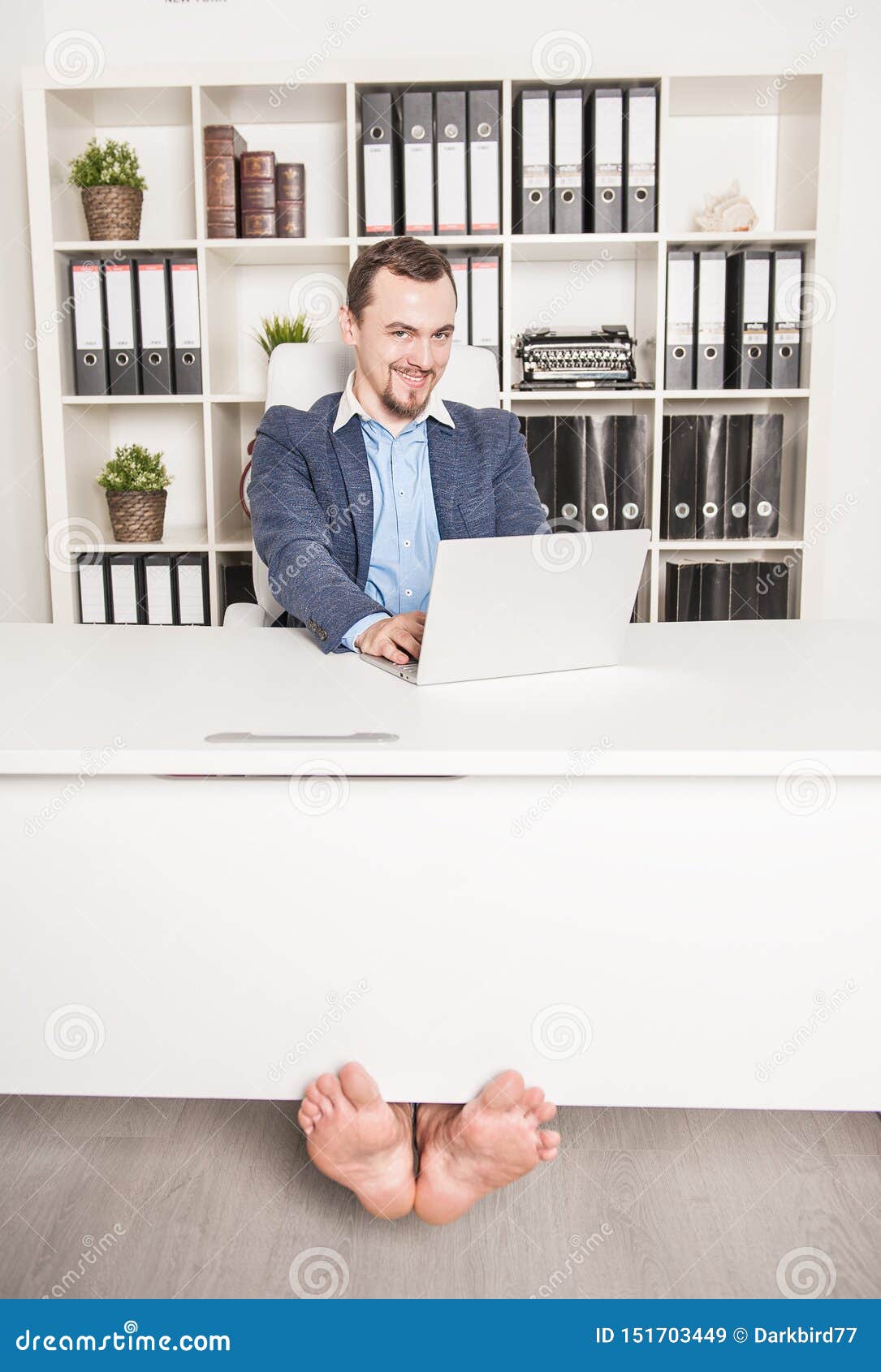 Happy Barefoot Business Man Working in Office Stock Image - Image of adult,  businessman: 151703449