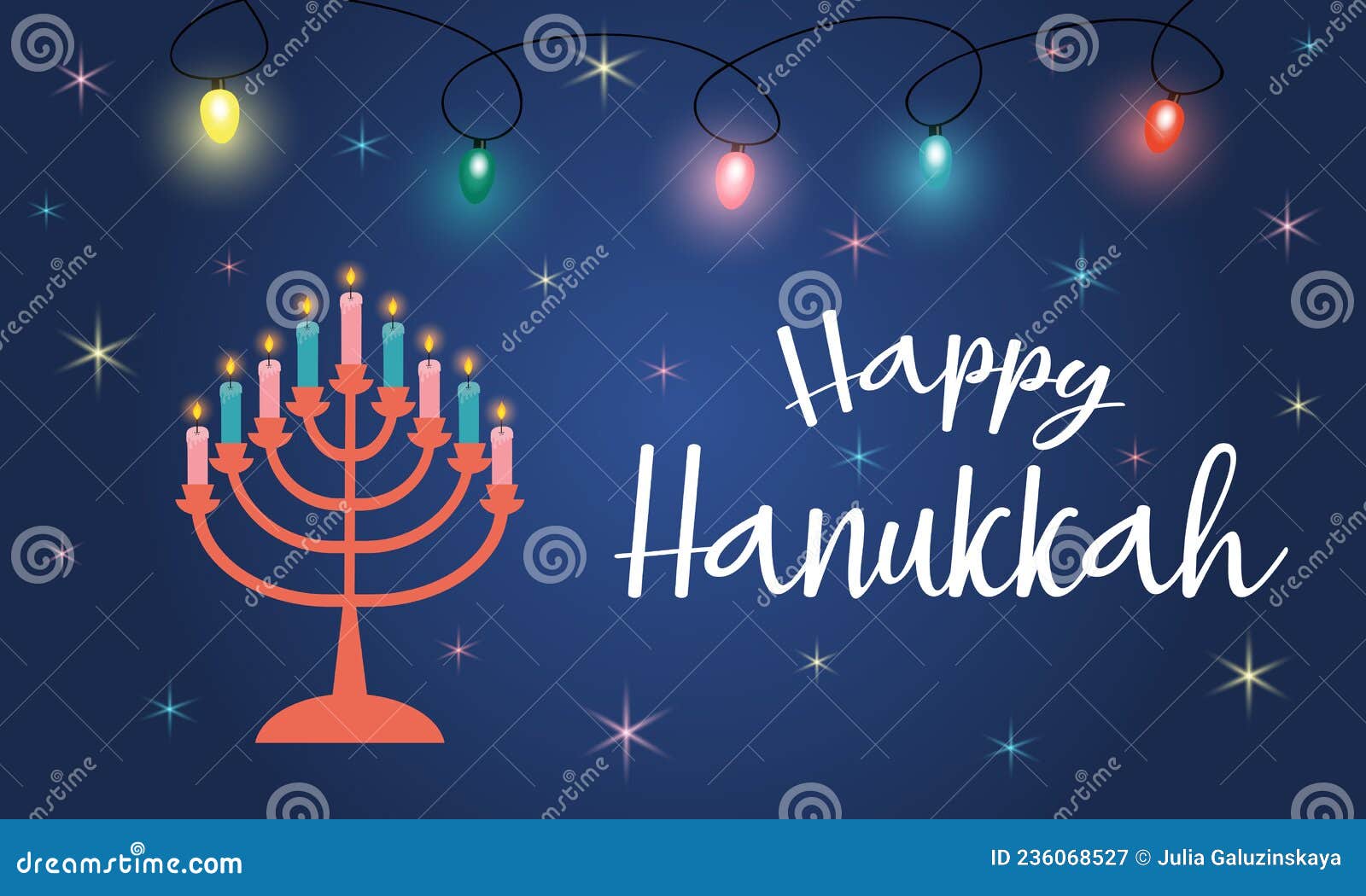 happy hanukkah greeting card with shining garland, stars and candles in candlestick.