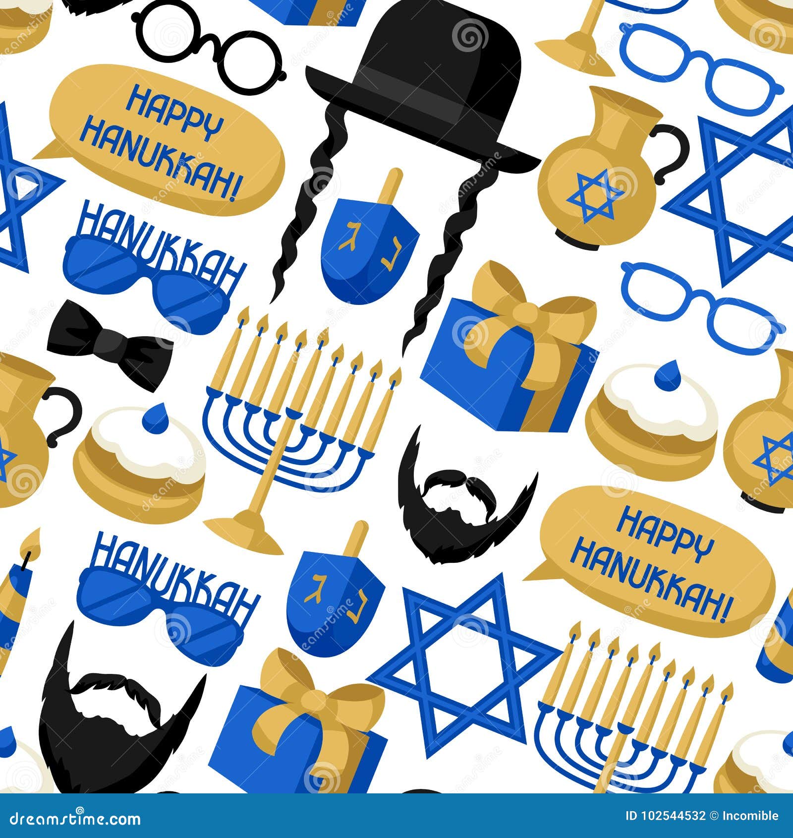 happy hanukkah seamless pattern with photo booth stickers. accessories for festival and party