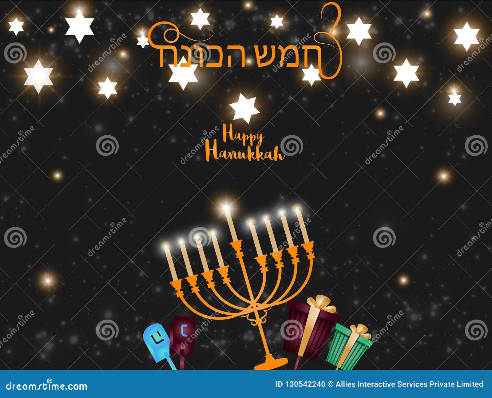 Happy Hanukkah Text in Hebrew Language with Traditional Menorah Stock