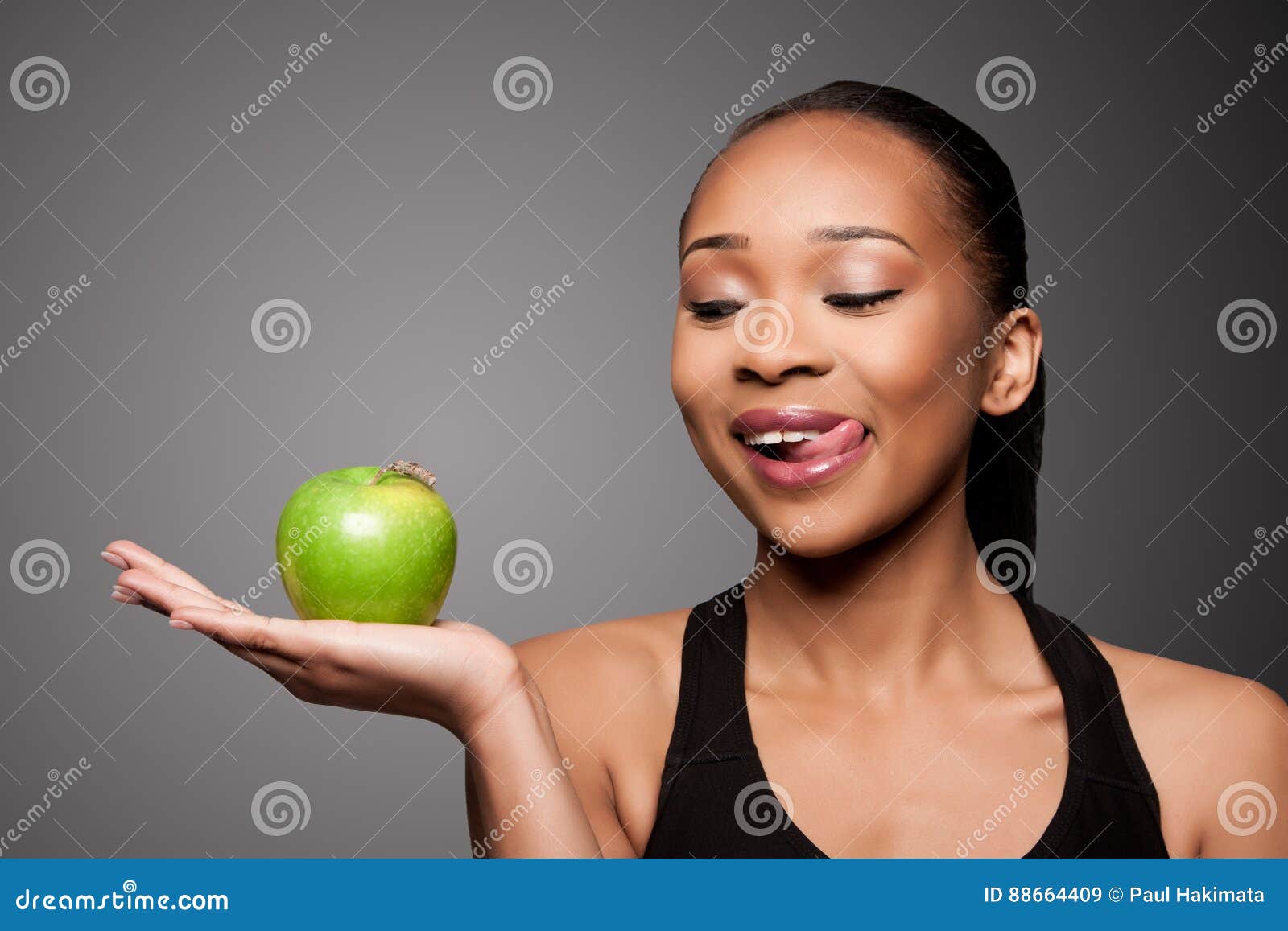Happy Healthy Black Asian Woman With Delicious Apple Stock Image Image Of Attractive Food
