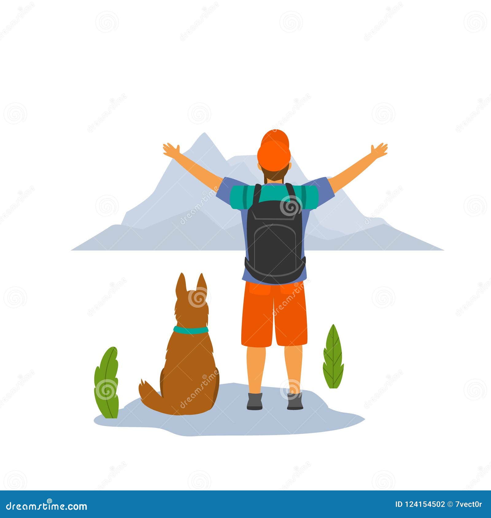 happy hiker with his dog on top of mountain enjoying view  