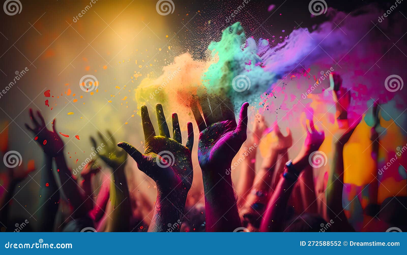 Happy Holi decoration, the indian festival. Top view of colorful holi powder  on dark background. Generative AI Stock Illustration