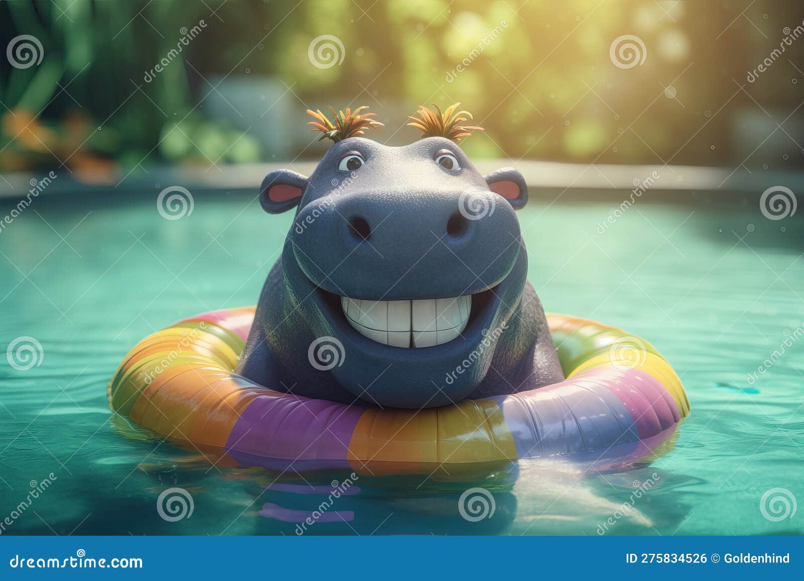 hipopótamo fofo sweeming em água azul e segurando uma melancia