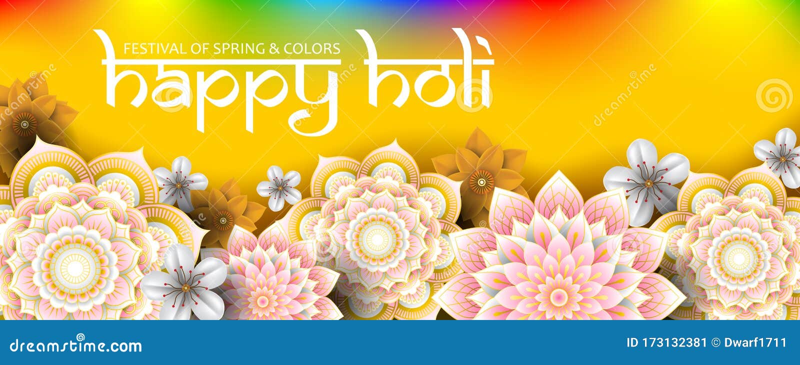 Happy Holi festival of spring and colors vector banner template with flowers and mandalas on rainbow background