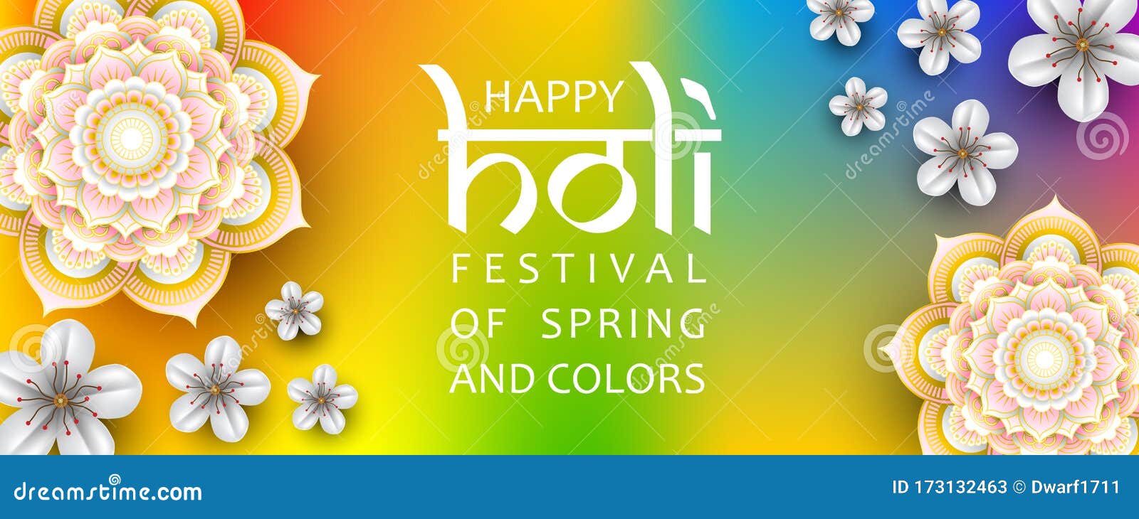 Happy Holi festival of spring and colors vector banner template with flowers and mandalas on rainbow background