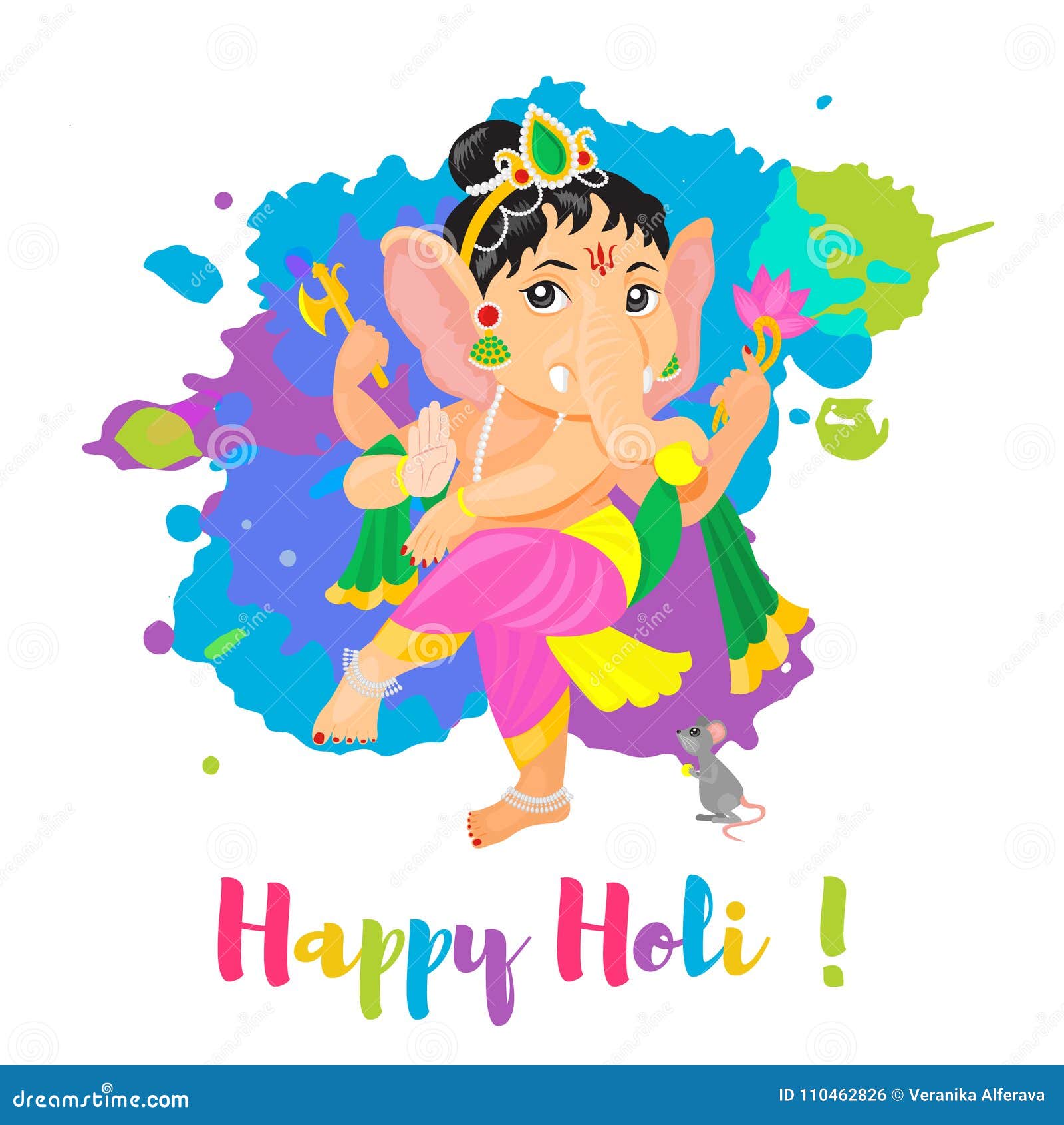 Happy Holi Holiday Poster with Lord Ganesha God. Colorful Flat ...