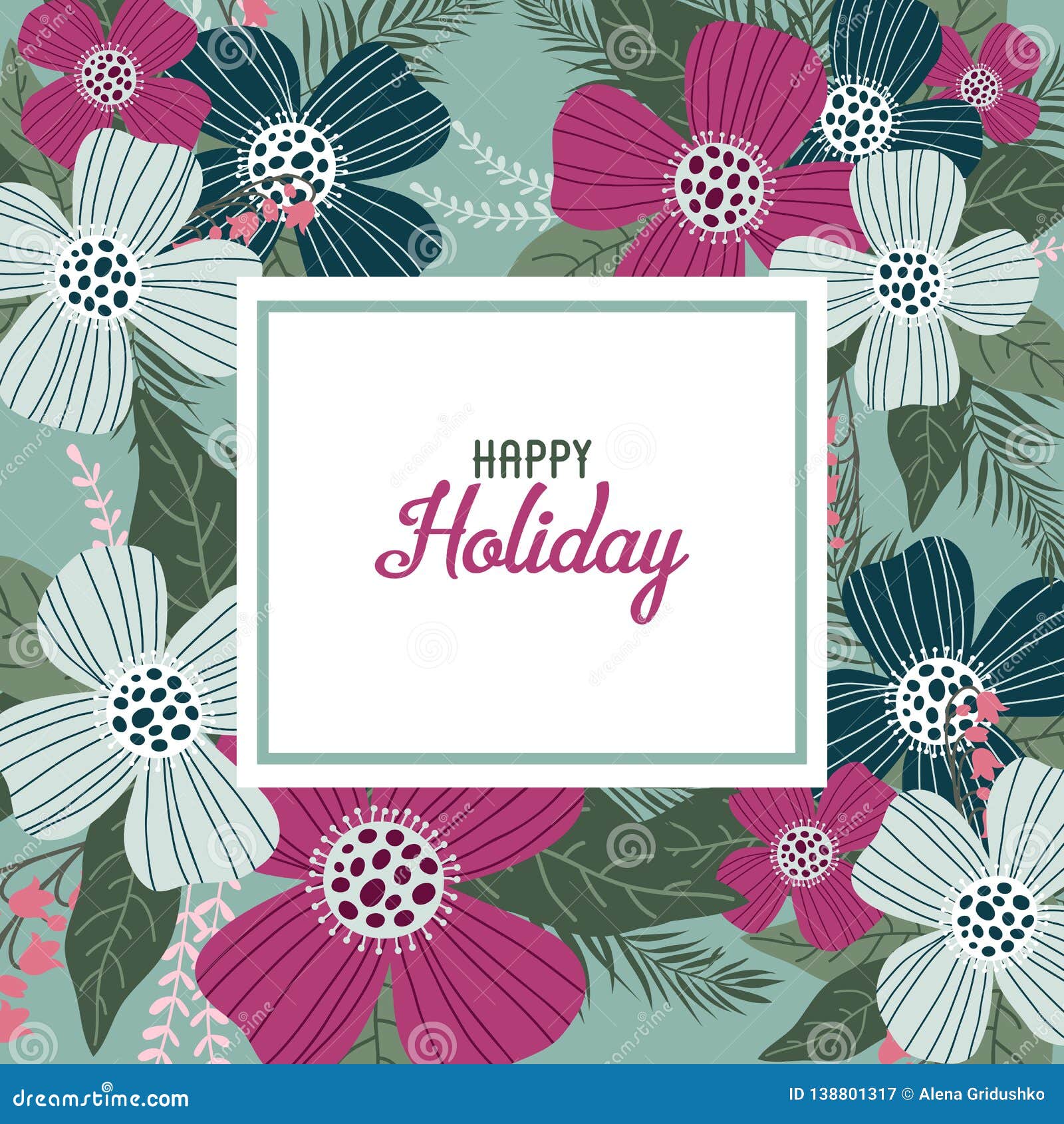 Happy Holiday. Template for Cards and Banners with Cute Doodles Flowers Happy Holiday. Template for Cards and Banners with Cute Doodles Flowers