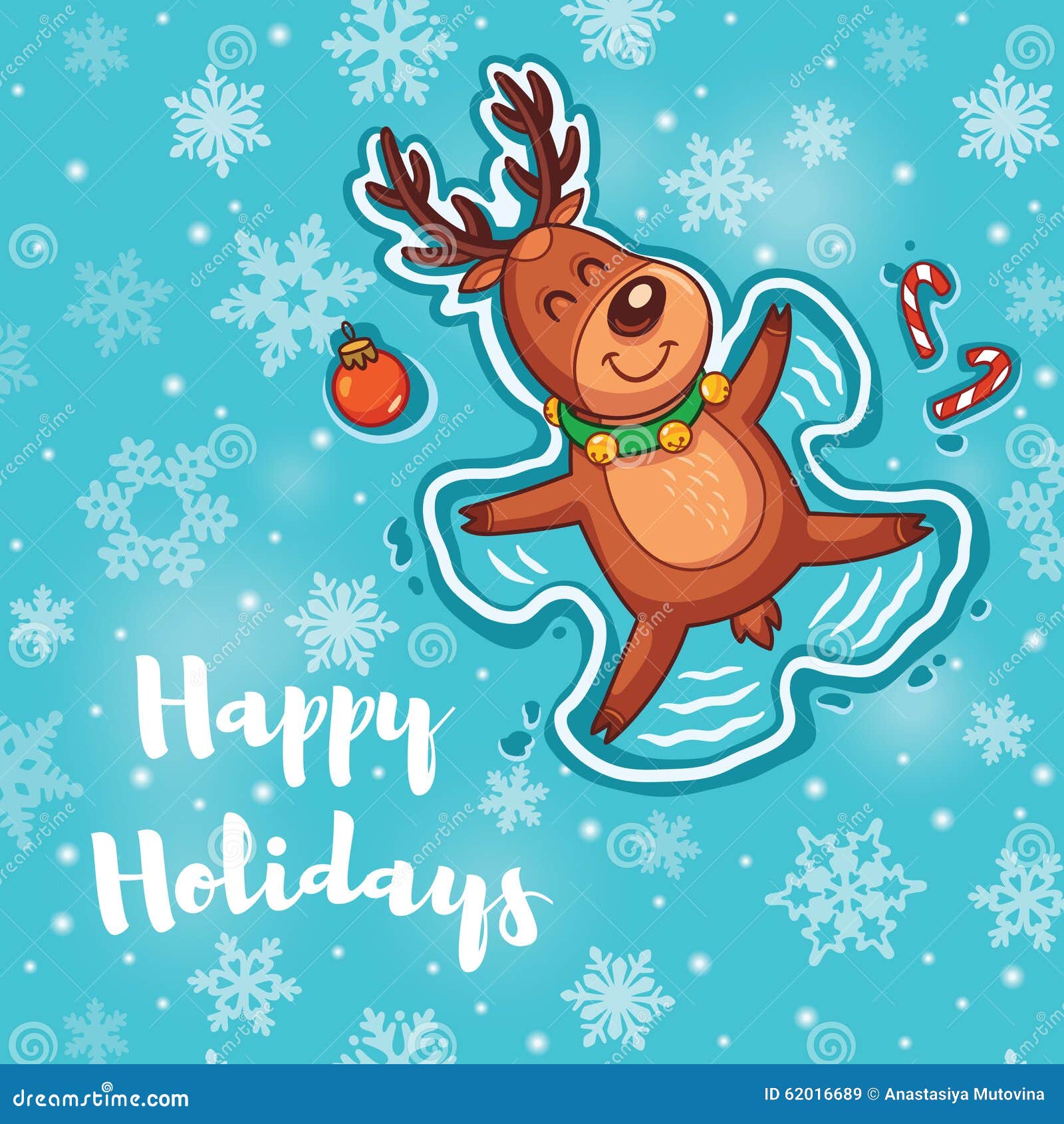 Happy Holidays Card With Cute Cartoon Deer - Snow Angel Stock Vector