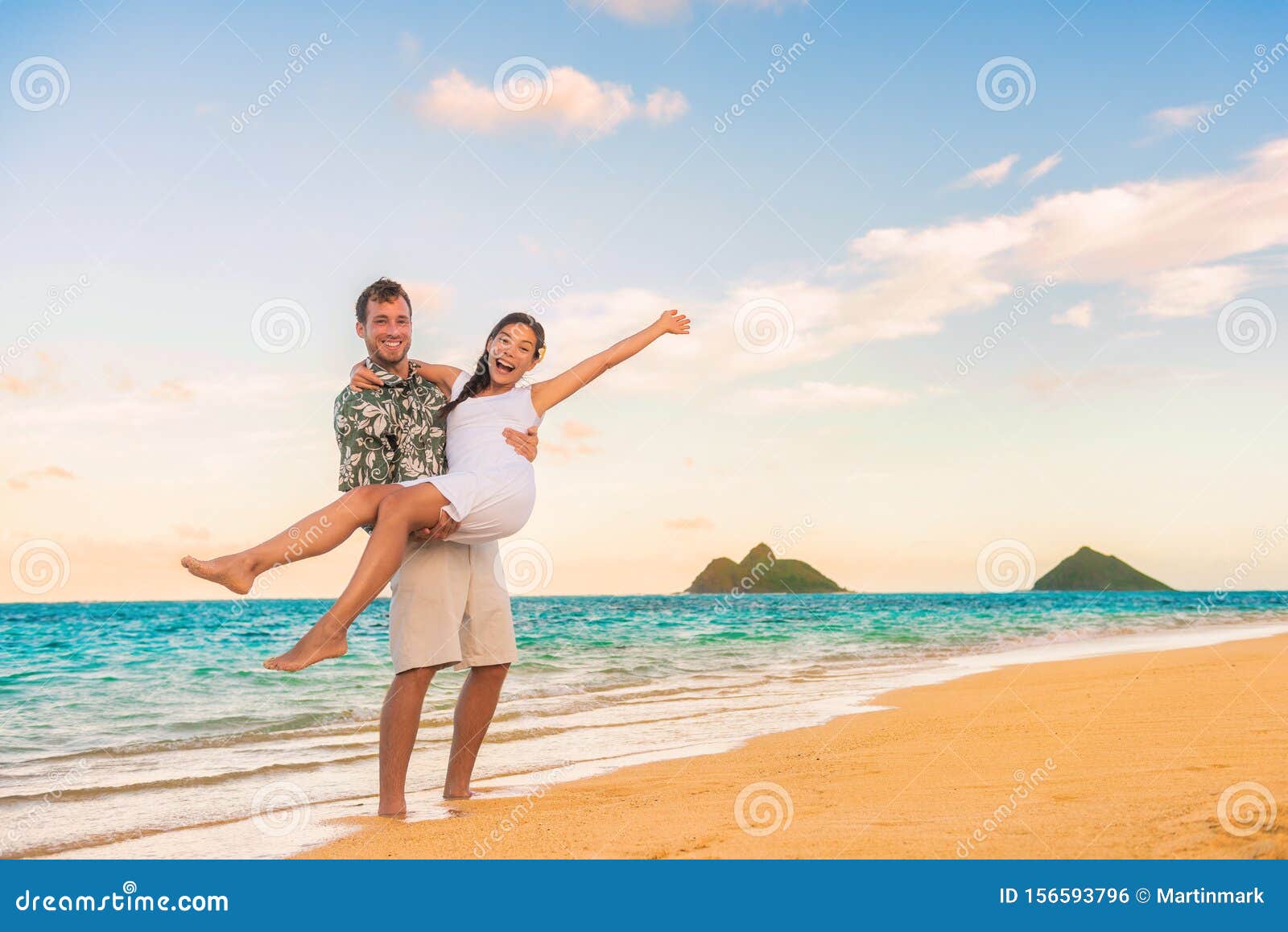 Happy Honeymoon Couple On Beach Wedding Vacation Newlyweds Excited In