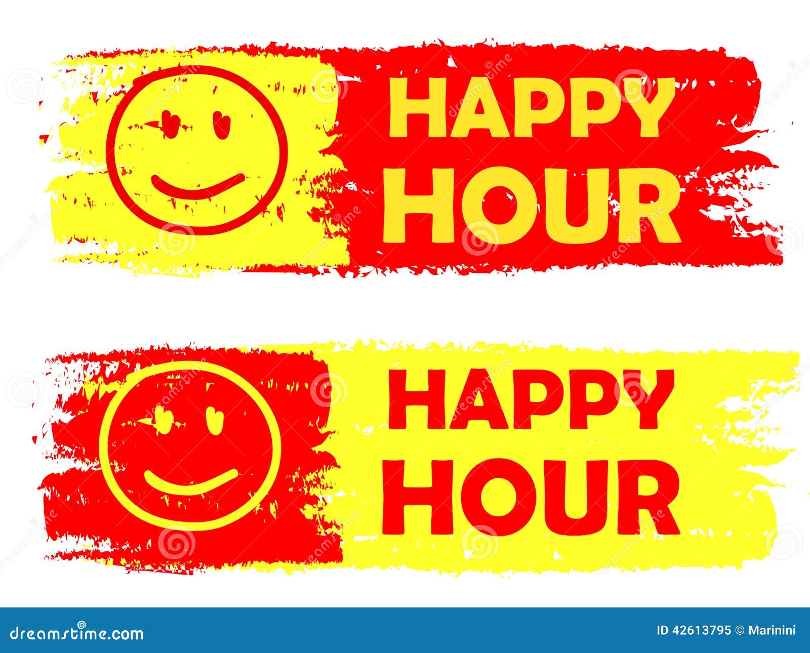 happy hour smile sign yellow red drawn labels signs banners text symbols business commerce shopping concept 42613795