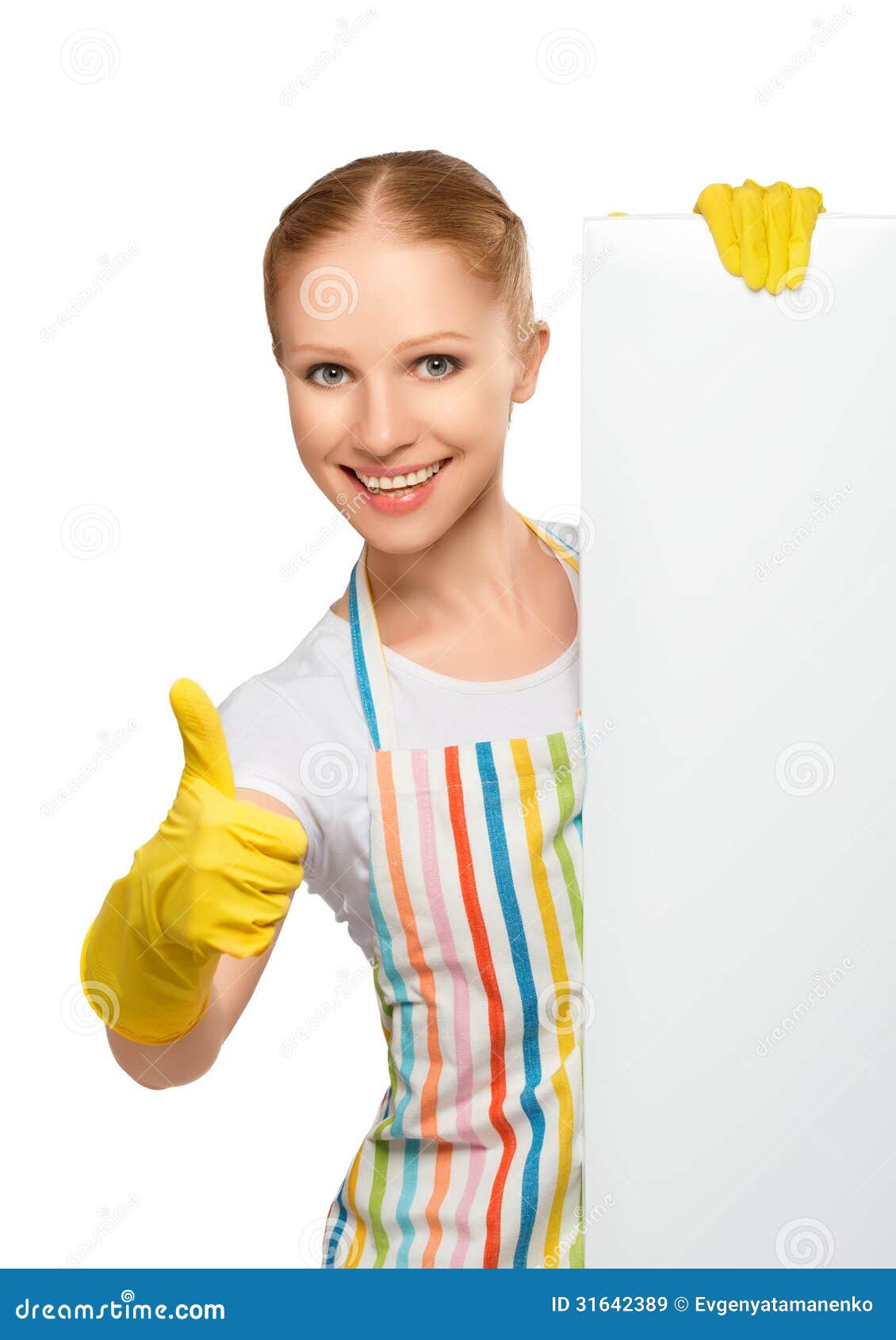 Happy Housewife with Thumbs Up with White Empty Billboard Isol
