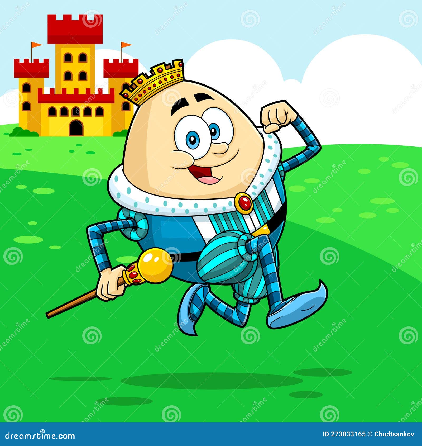 Happy Humpty Dumpty King Egg Cartoon Character Running Stock Vector
