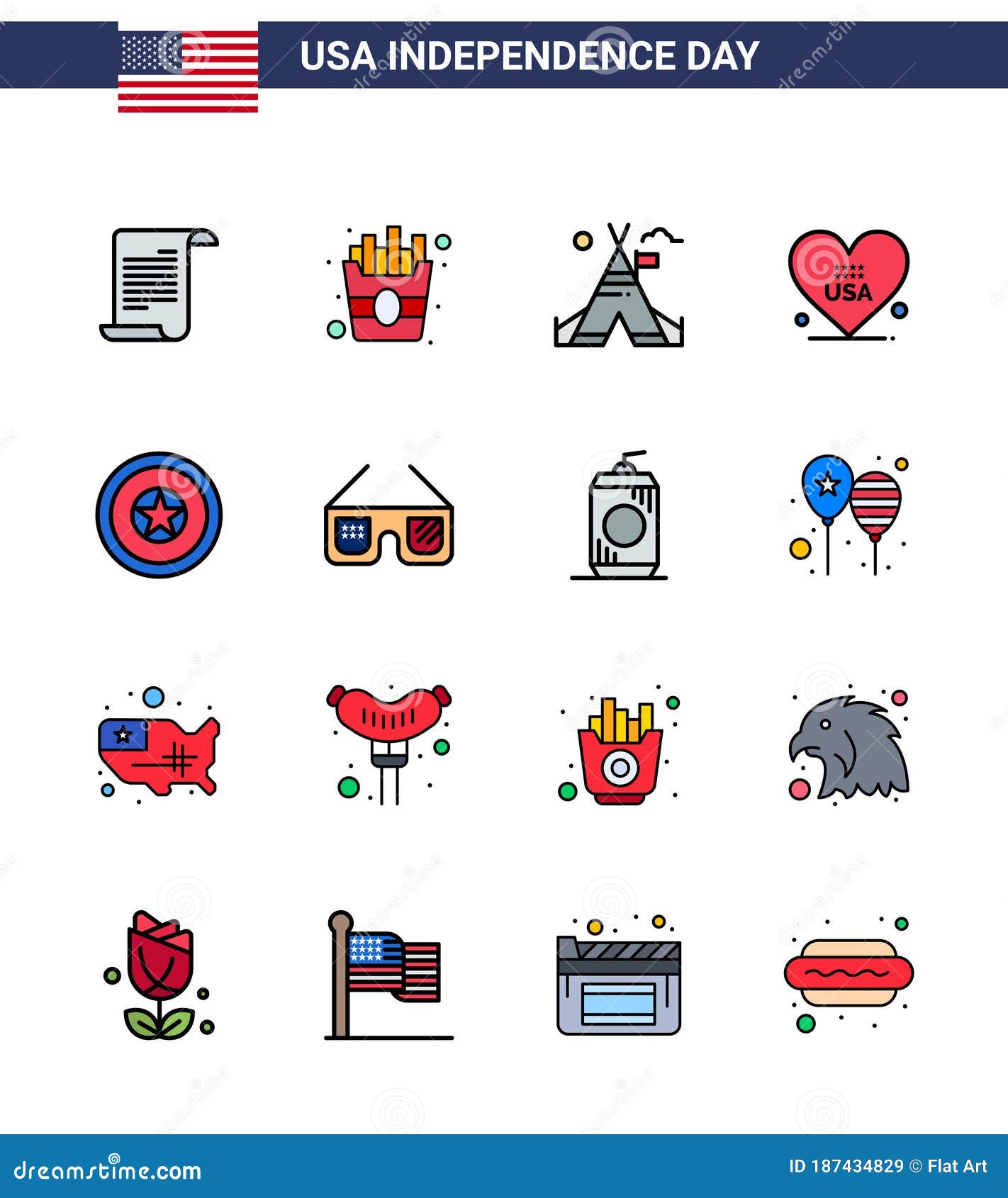 happy independence day 16 flat filled lines icon pack for web and print independence day; holiday; tent; usa; love