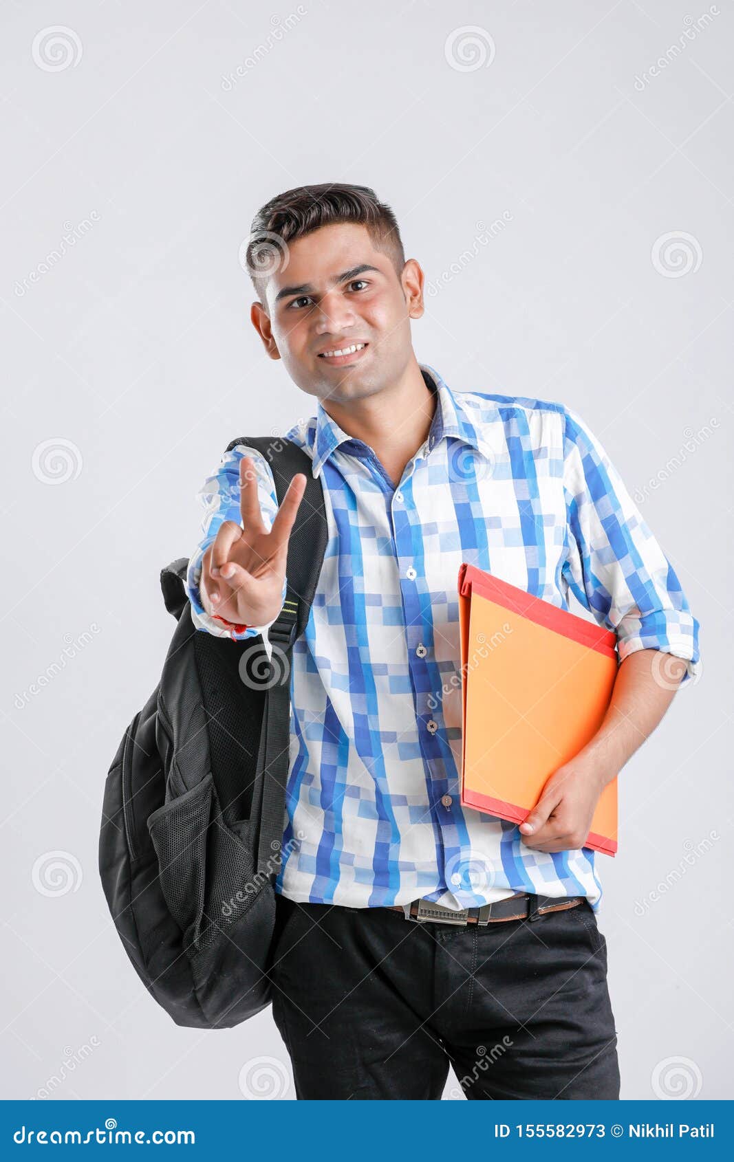 Happy Indian College Boy with Holding Bag Stock Image - Image of dress ...