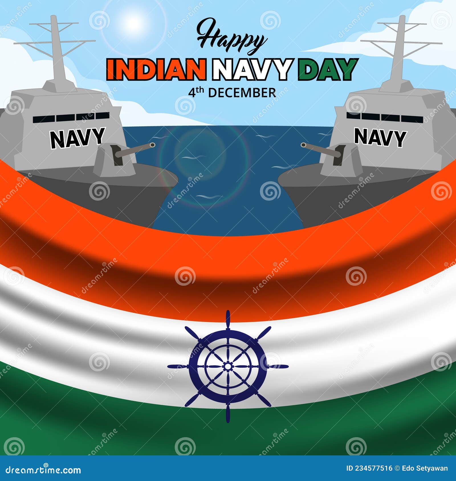 Happy Indian Navy Day Background with Two Naval Ships on the Sea with Flag  Stock Vector - Illustration of freedom, background: 234577516