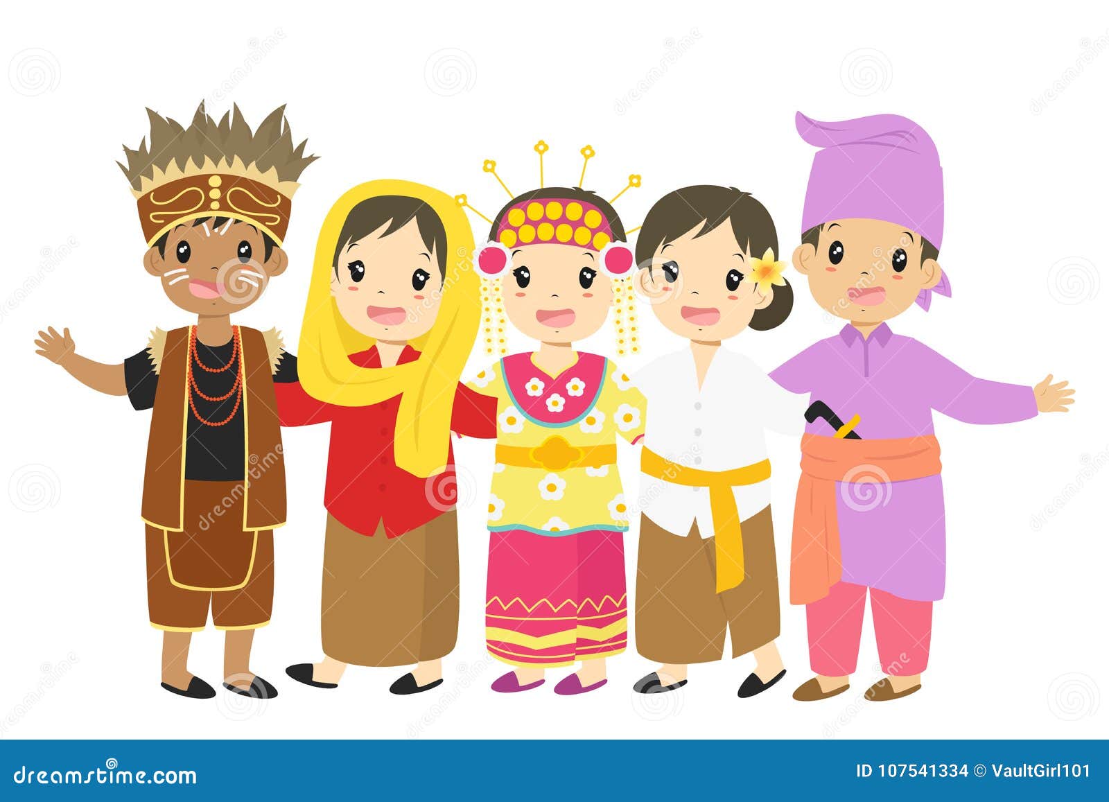 happy indonesian children in traditional dress cartoon 