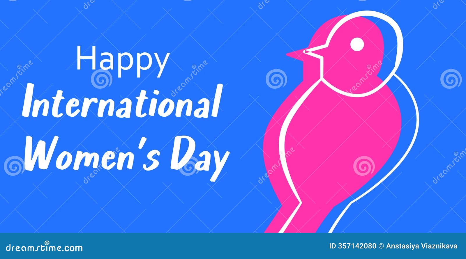 happy international women day greeting with pink bird and blue background