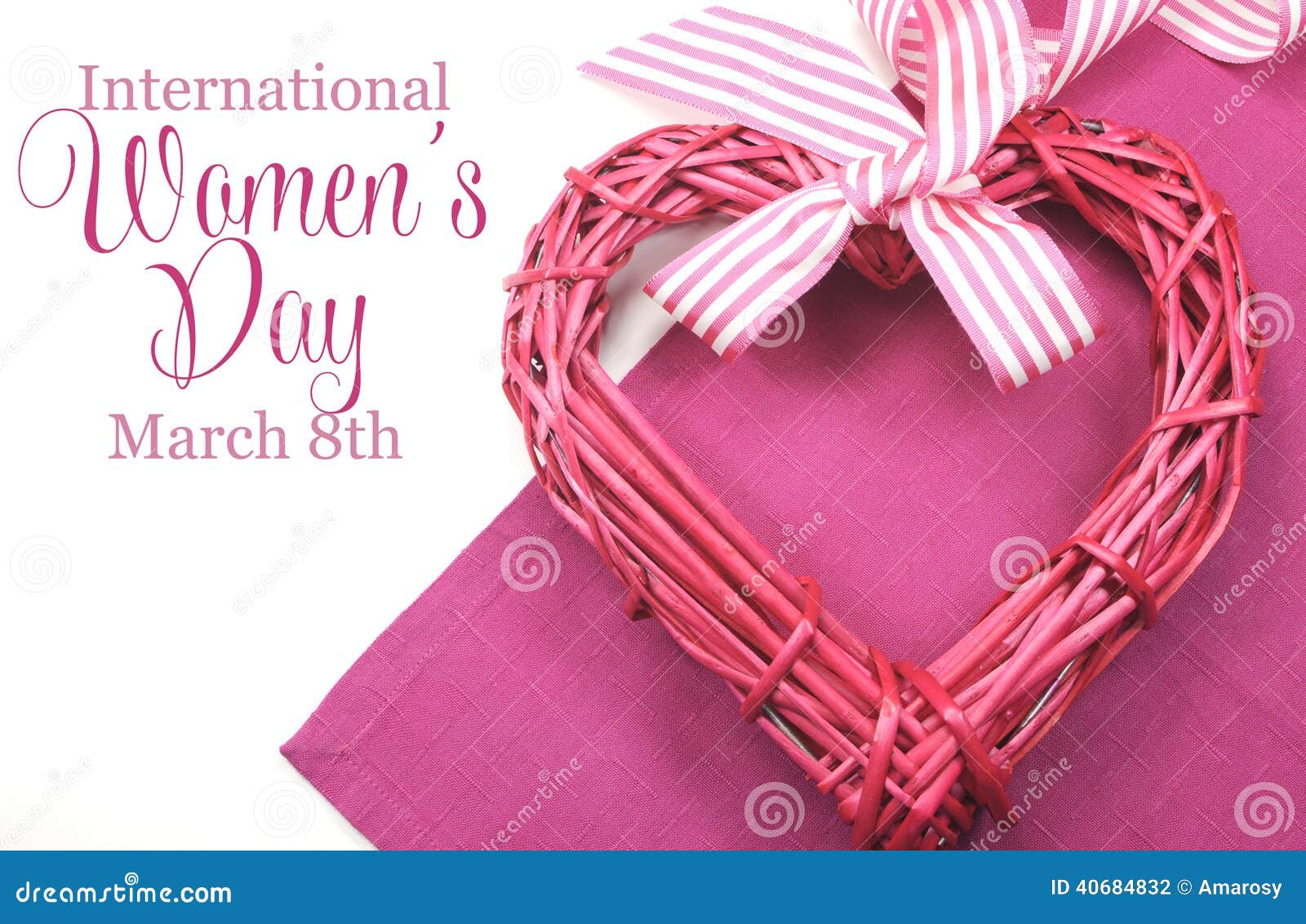 Happy International Womens Day, March 8, heart and text. Happy International Womens Day, March 8, celebration greeting message with pink rattan cane heart and stripe ribbon.