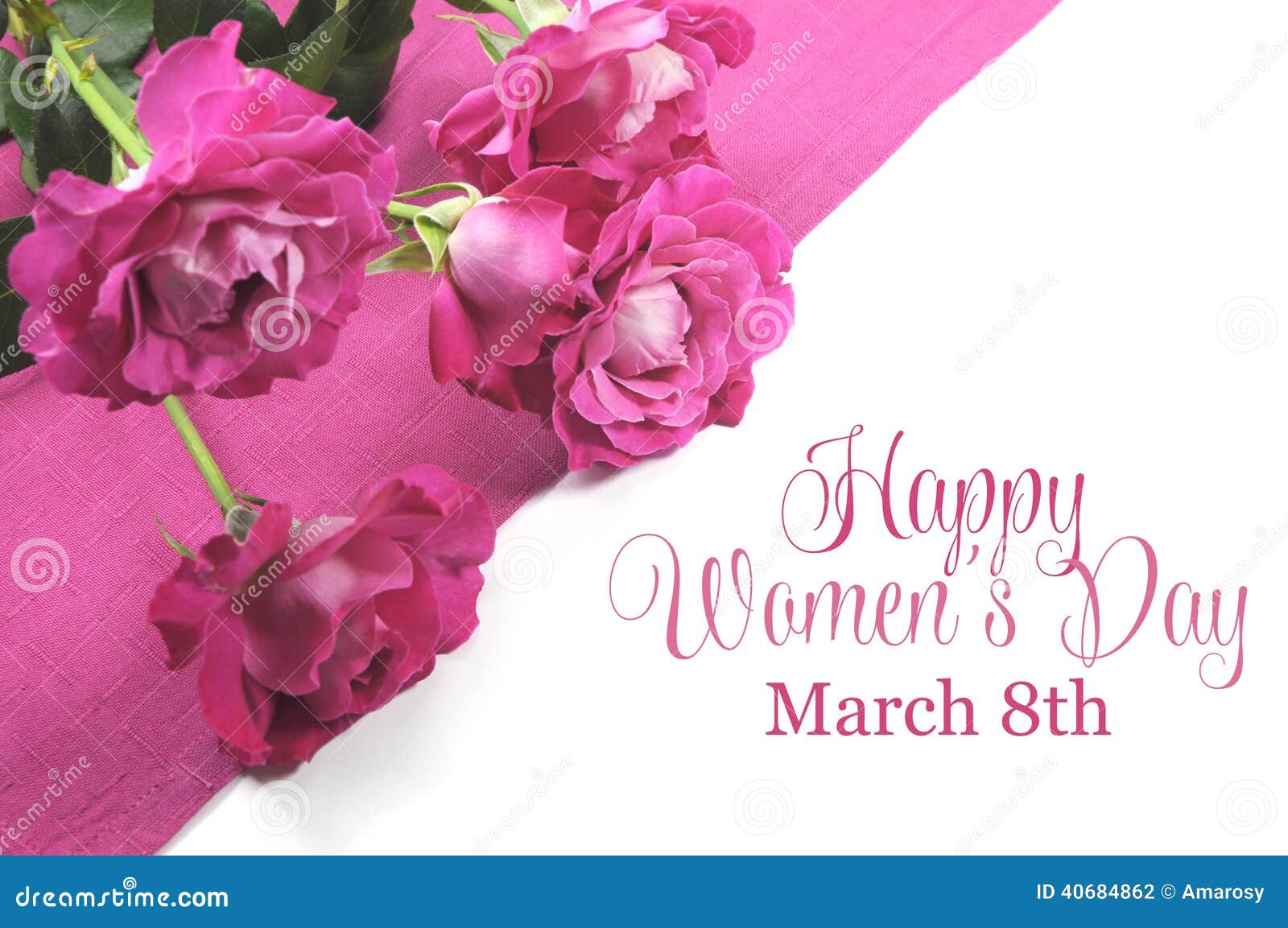 Happy International Womens Day, March 8, roses and text