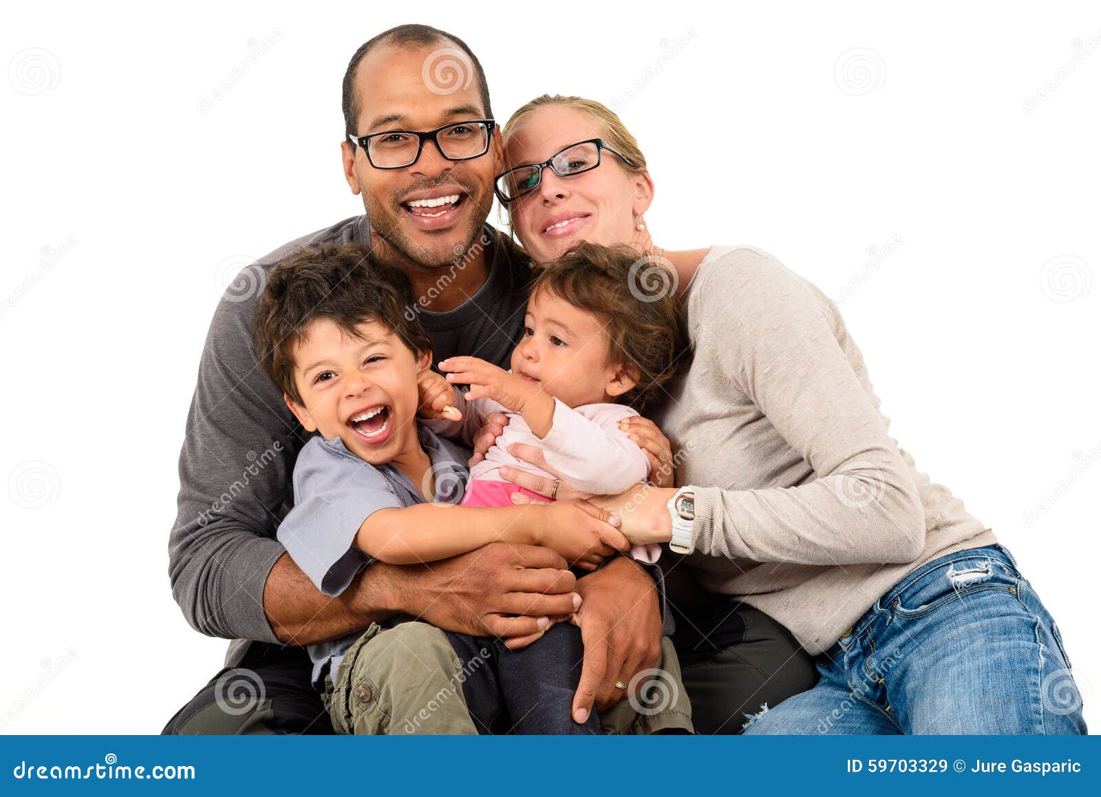 happy interracial family  on white