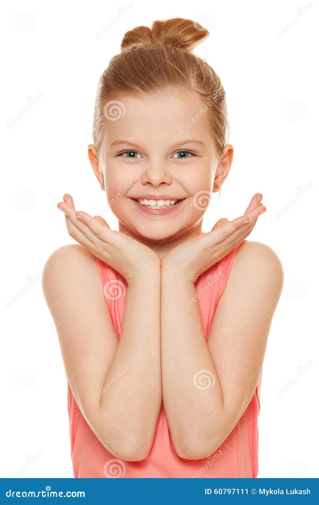 happy joyful little girl smiling with hands near face,  on white background