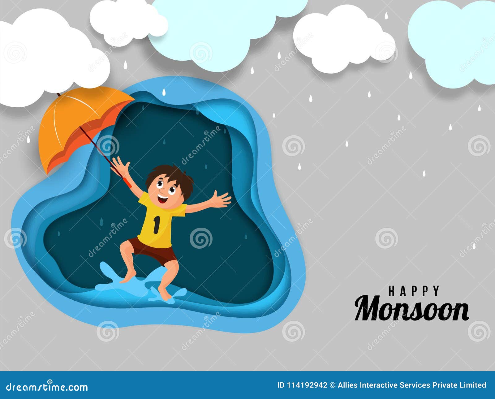 Happy Kid, Enjoying Rainy Season, Paper-art. Stock Illustration ...