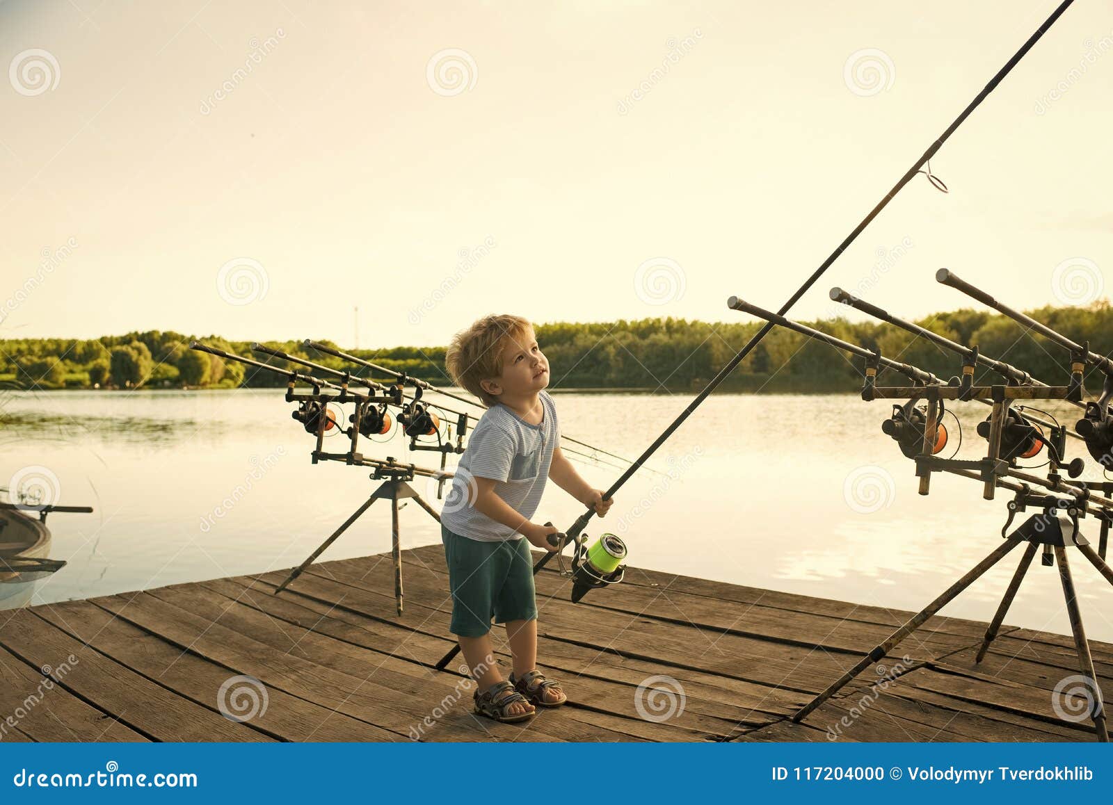 Happy Kid Having Fun. Angling Child with Fishing Rod on Wooden Pier Stock  Photo - Image of learn, education: 117204000