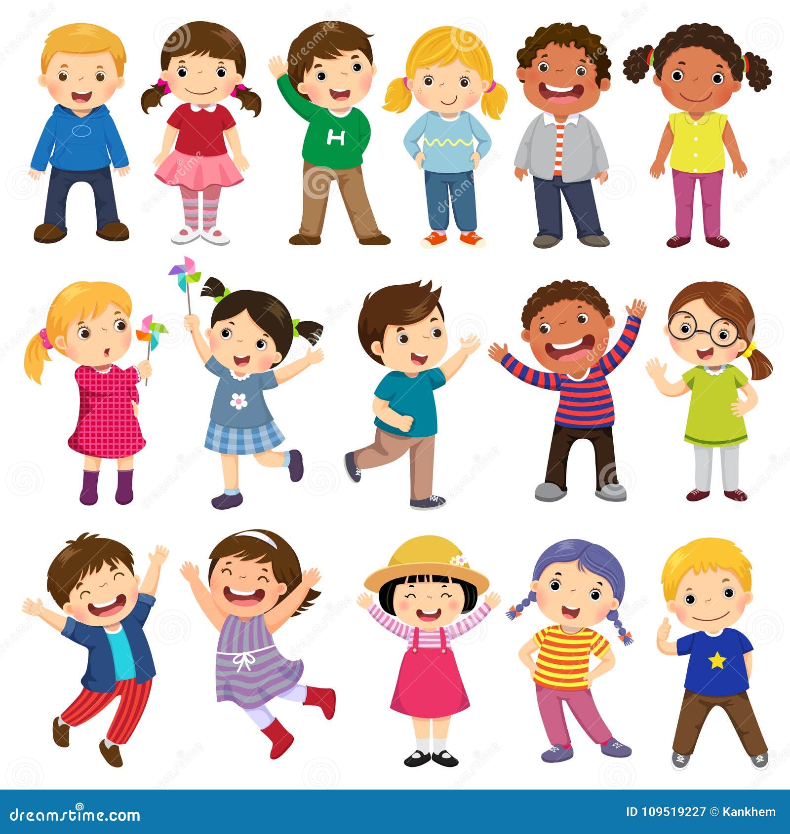 happy kids cartoon collection. multicultural children in different positions  on white background