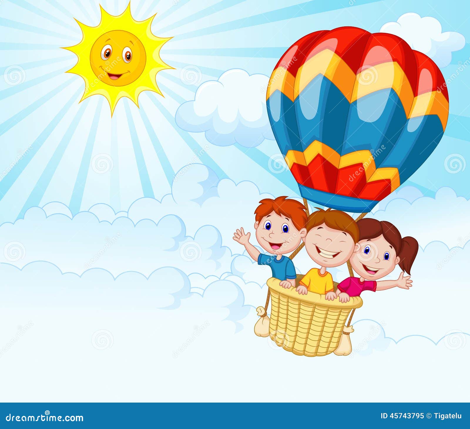 Cartoon kids riding a hot air balloon, Stock vector