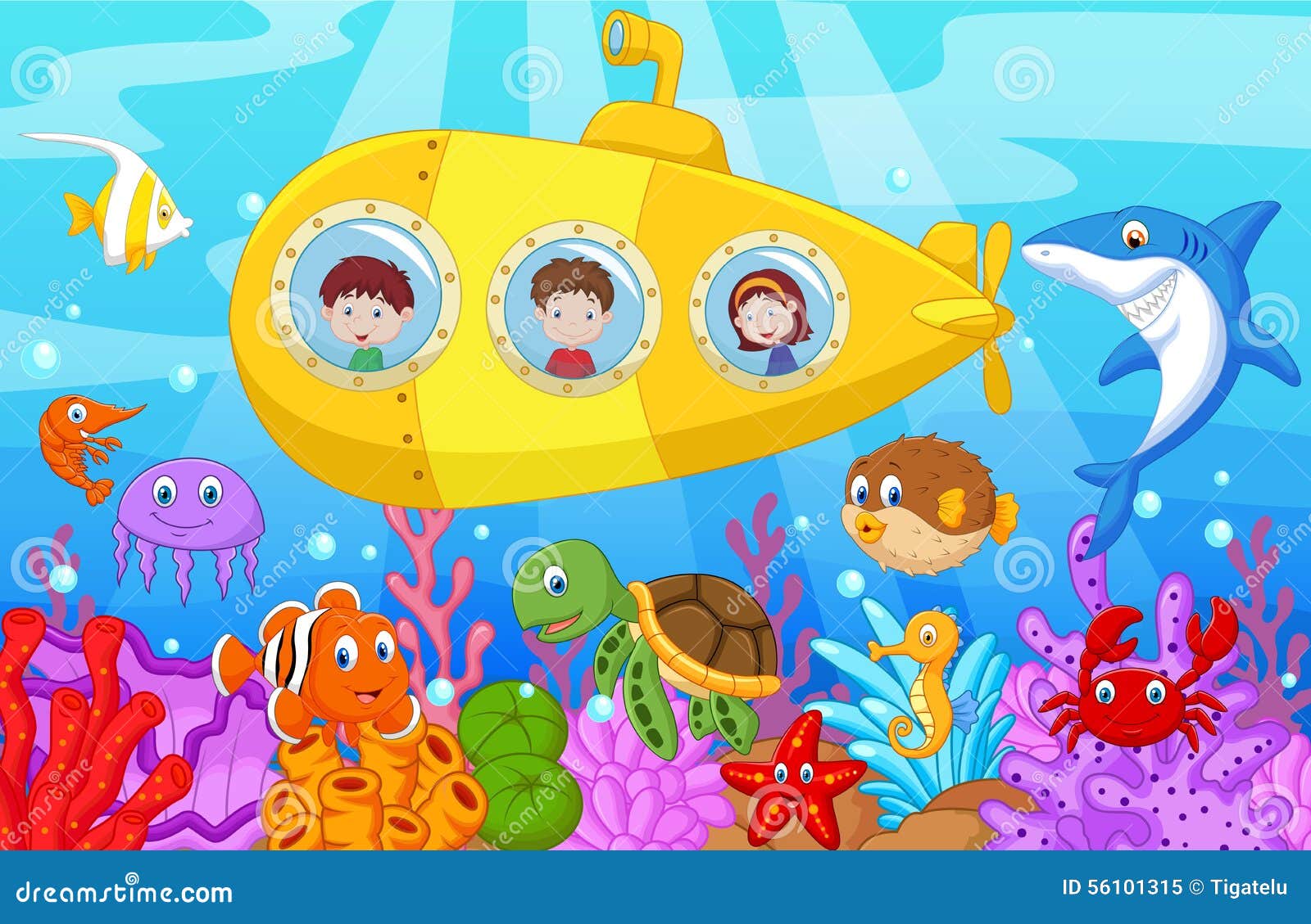 happy kids cartoon in submarine on the sea