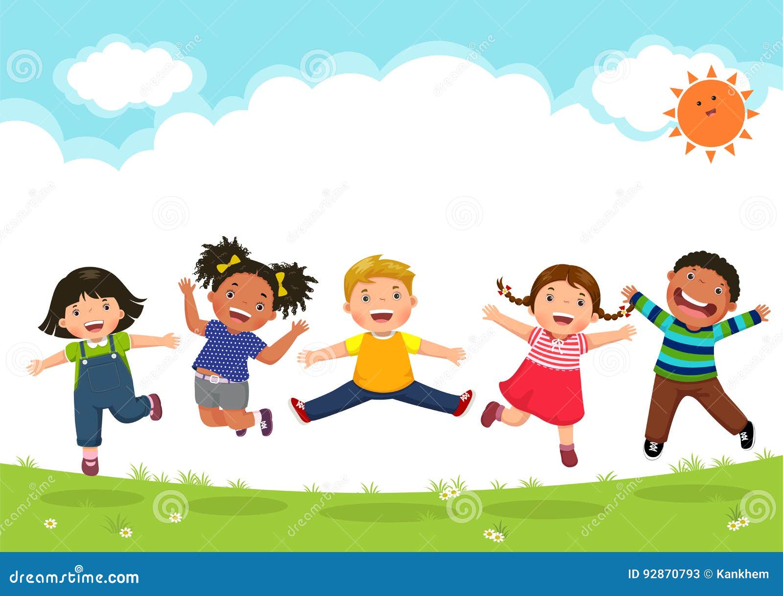 happy kids jumping together during a sunny day