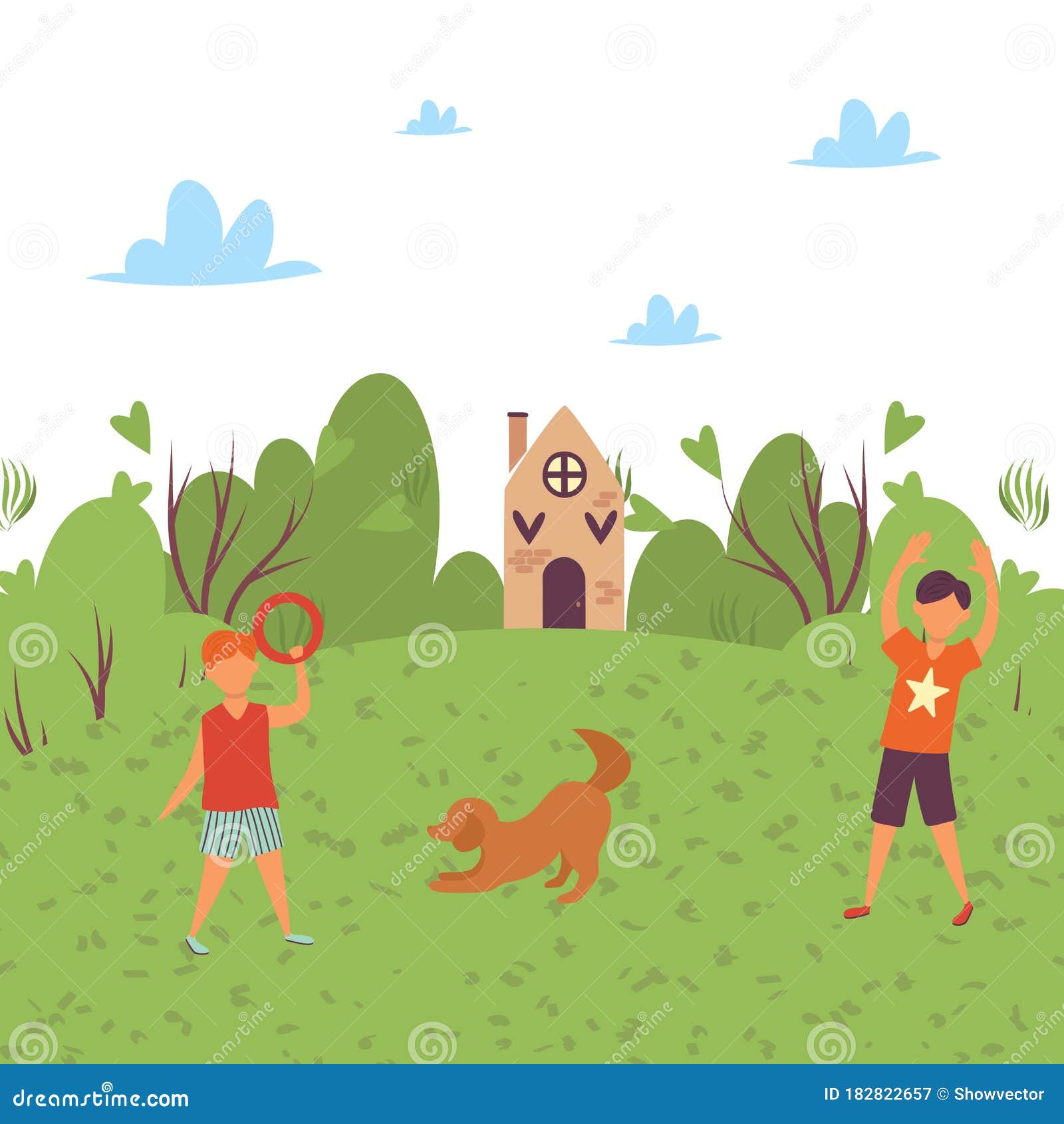 Kids Boy and Girl Playing in The Garden with Animals on Summer