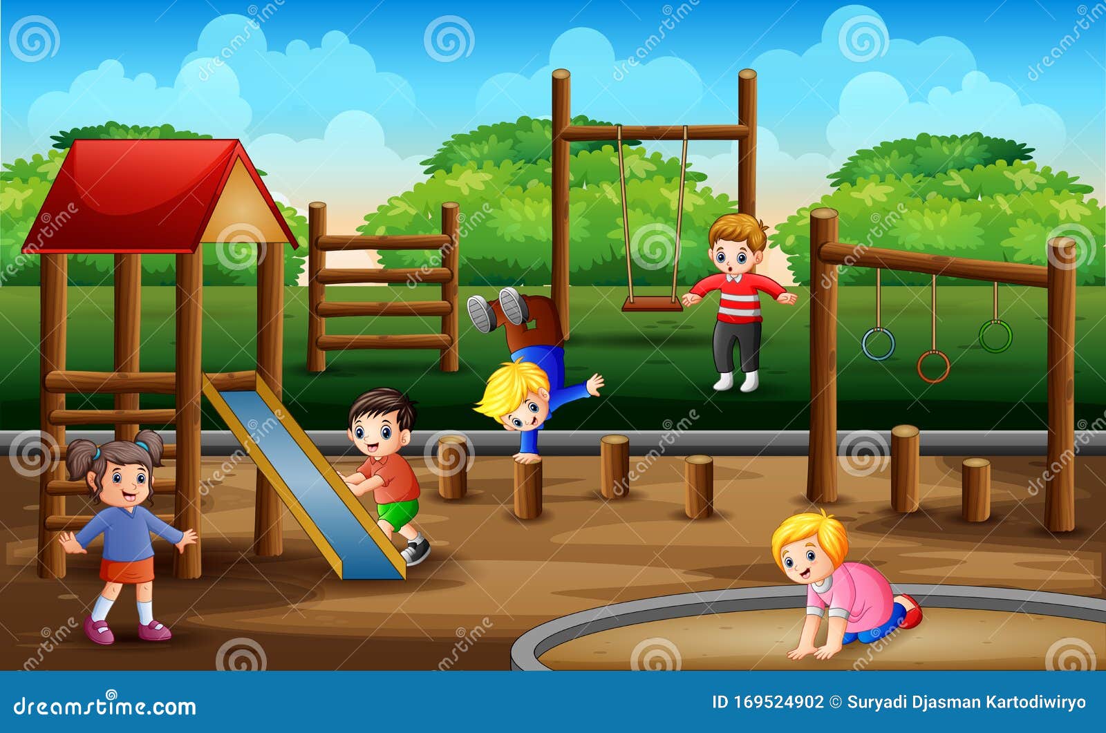 Happy Kids Playing In Playground Scene Stock Vector Illustration Of