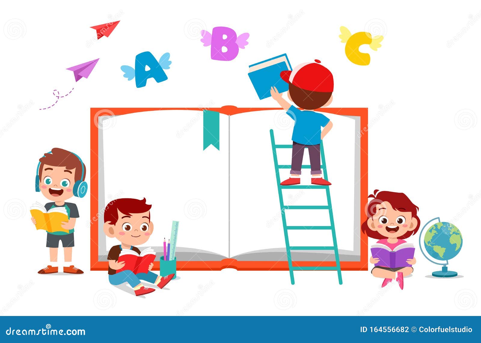 Happy Kids Read Book And Study Together Stock Illustration