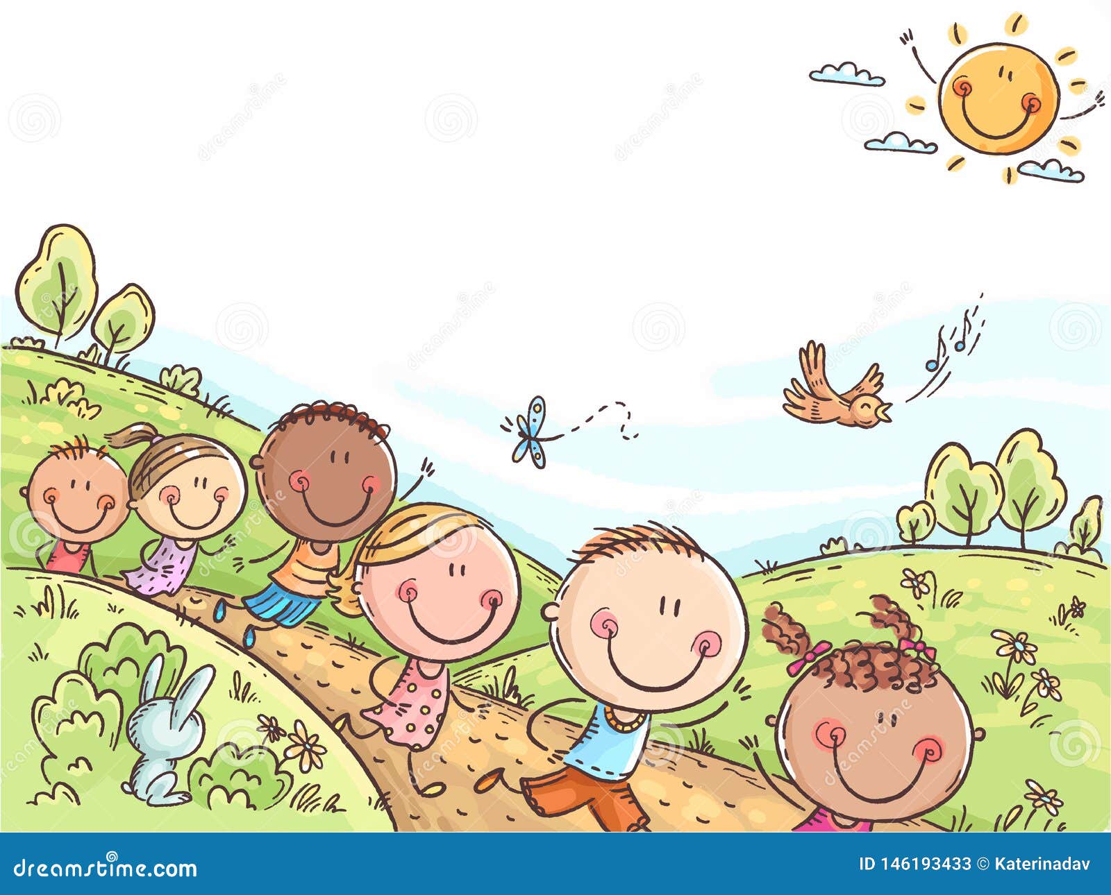 happy kids running outdoors on a summer day, colorful background with a copy space