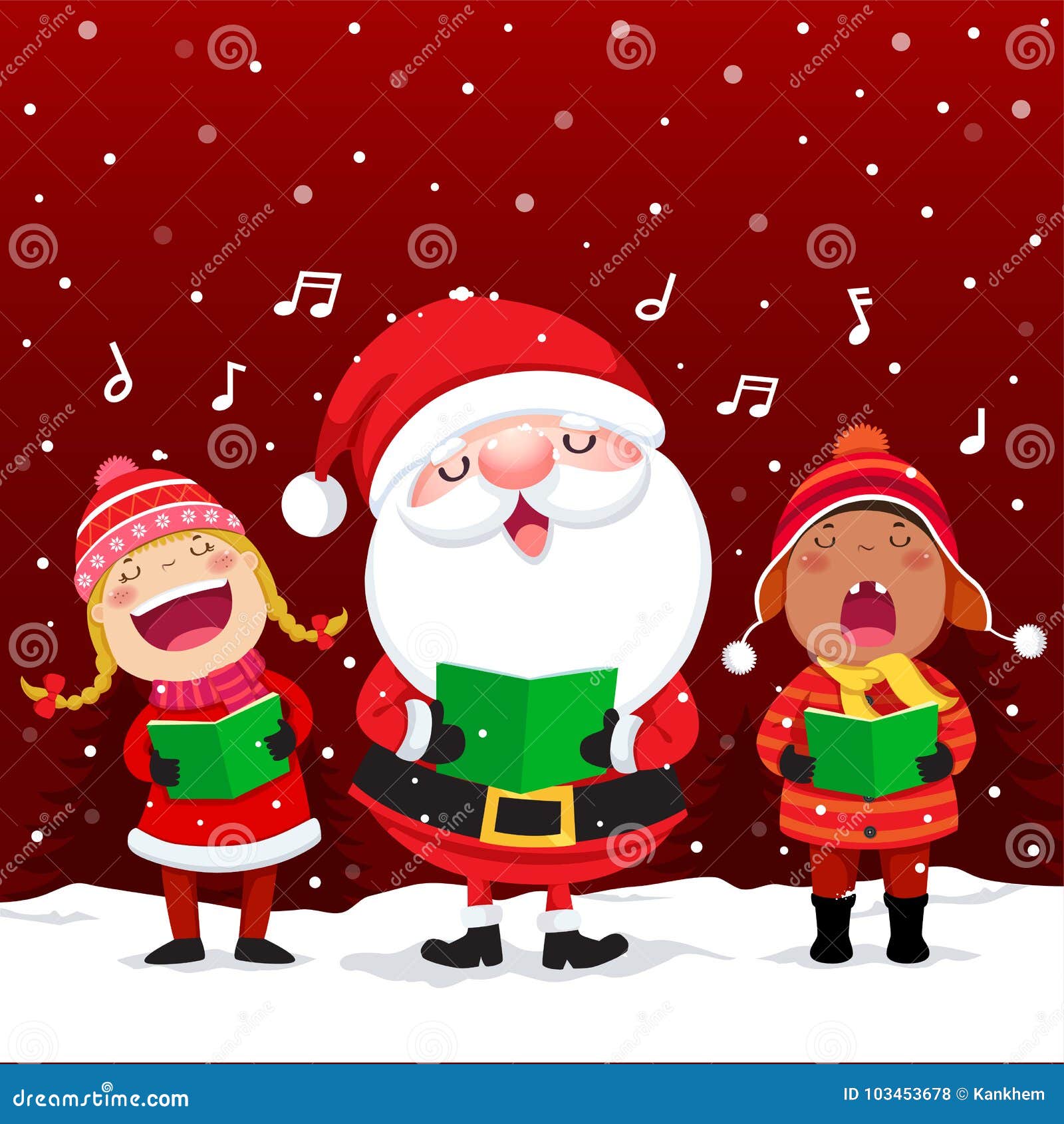 happy kids with santa claus singing christmas carols