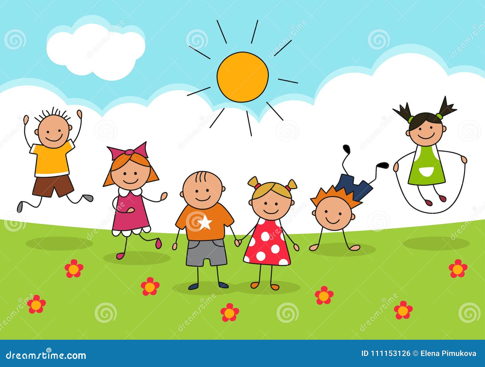 Happy Kids and Sunny Day. Illustration in Doodle and Cartoon Style Stock  Vector - Illustration of kindergarten, preschool: 111153126