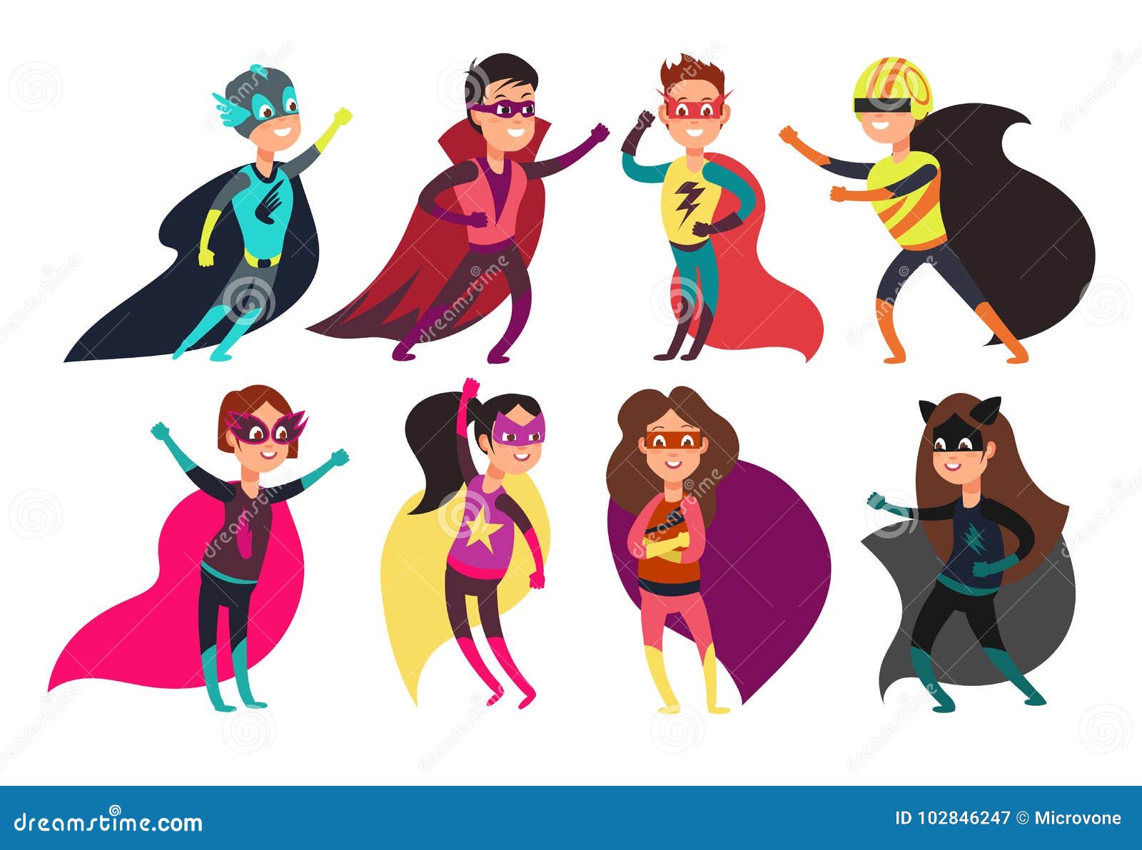 Happy Kids Superheroes Wearing Colorful Superheros Costumes. Cartoon Children Characters Stock Vector - Illustration of cartoon, children: 102846247 Happy Kids Superheroes Wearing Colorful Superheros Costumes. Cartoon Children Characters Stock Vector - Illustration of cartoon, children: 102846247