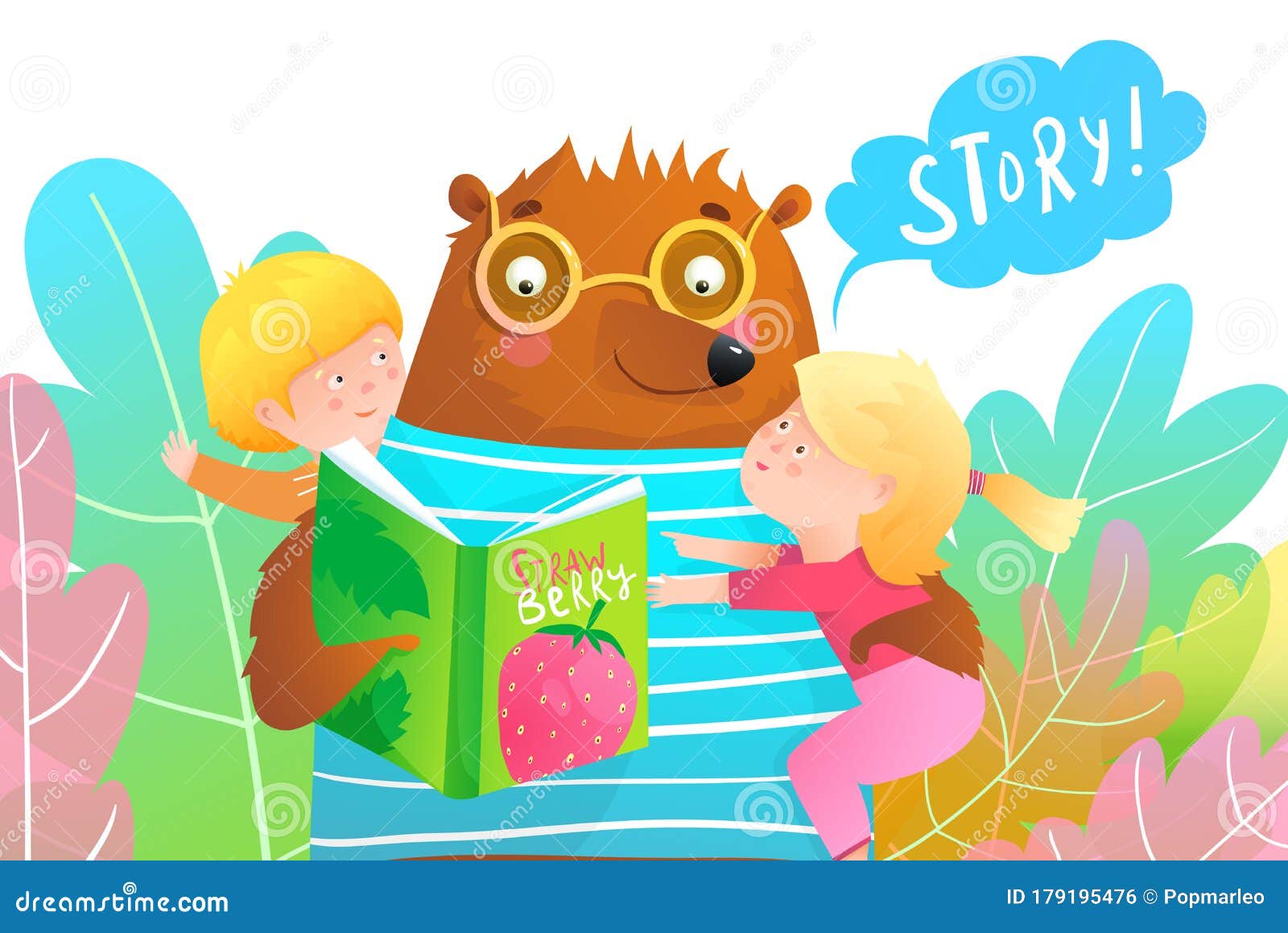 Happy Kids and Teddy Bear Reading a Story from the Book in Nature, with  Colorful Leaves on the Background. Stock Vector - Illustration of nature,  artistic: 179195476