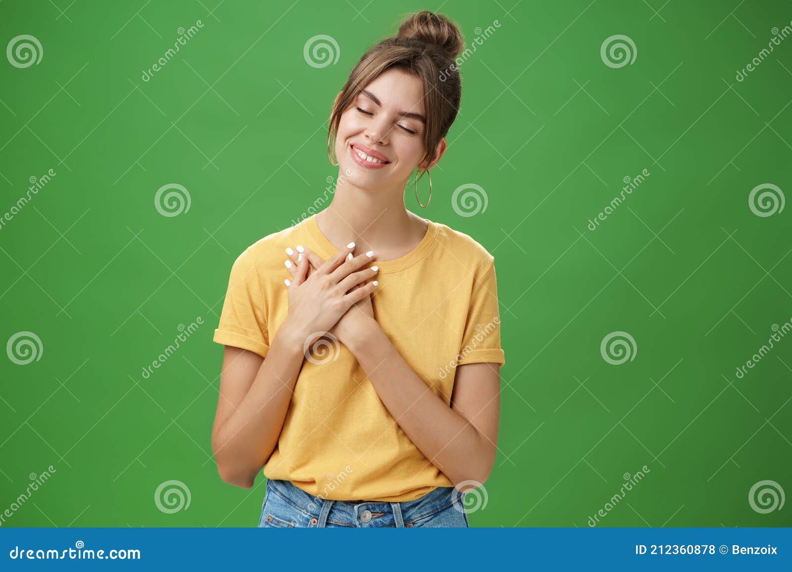 Happy Kind and Timid Young Attractive Woman with Gapped Teeth Smiling  Sincere and Grateful Closing Eyes Pressing Hands Stock Photo - Image of  girl, adult: 212360878