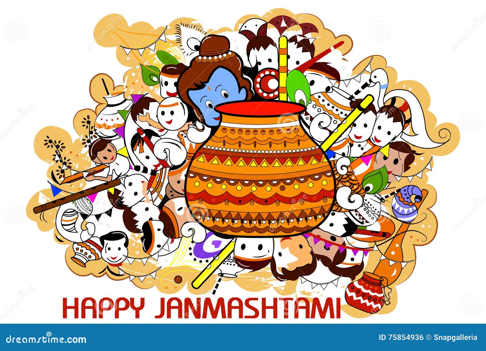 Happy Janmashtami, Hand Lettering. Sketch of Young God Krishna on White  Background. Vector Drawn Illustration. Stock Vector - Illustration of  poster, background: 124422447