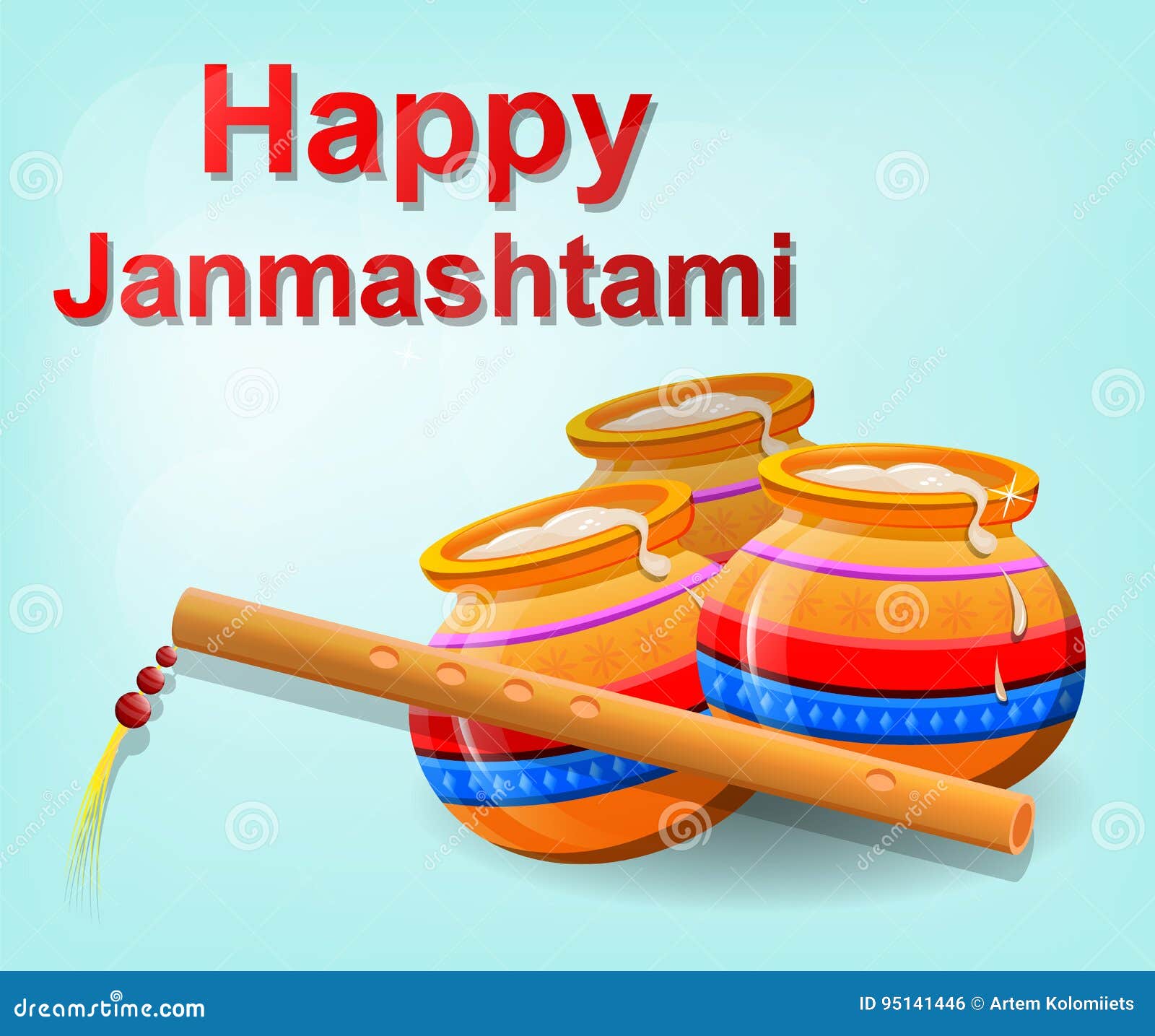 Happy Krishna Janmashtami Pot With Butter And Flute On Beautiful