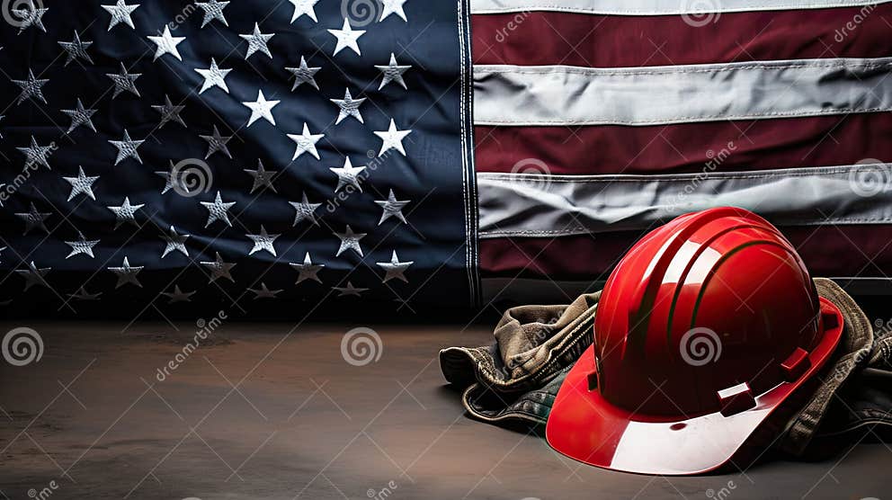 Happy Labor Day Background with American Flag and Hard Hats Stock Photo ...