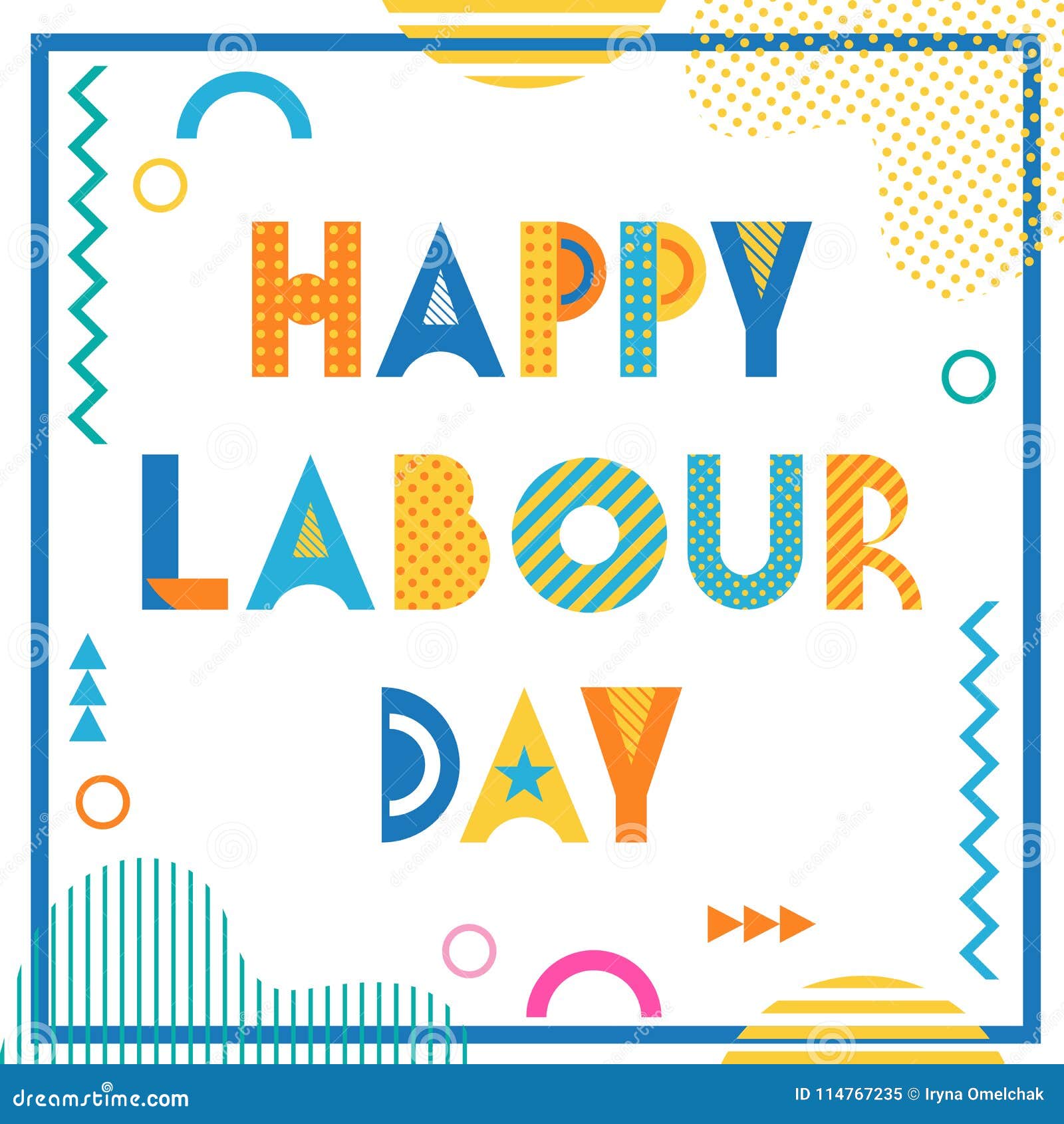 happy labour day. text and geometric s  on a white background. trendy geometric font.