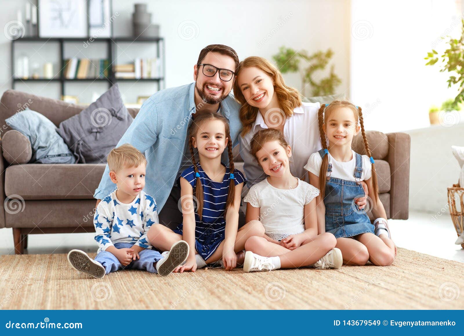 Happy Large Family Mother Father and Children at Home Stock Image ...