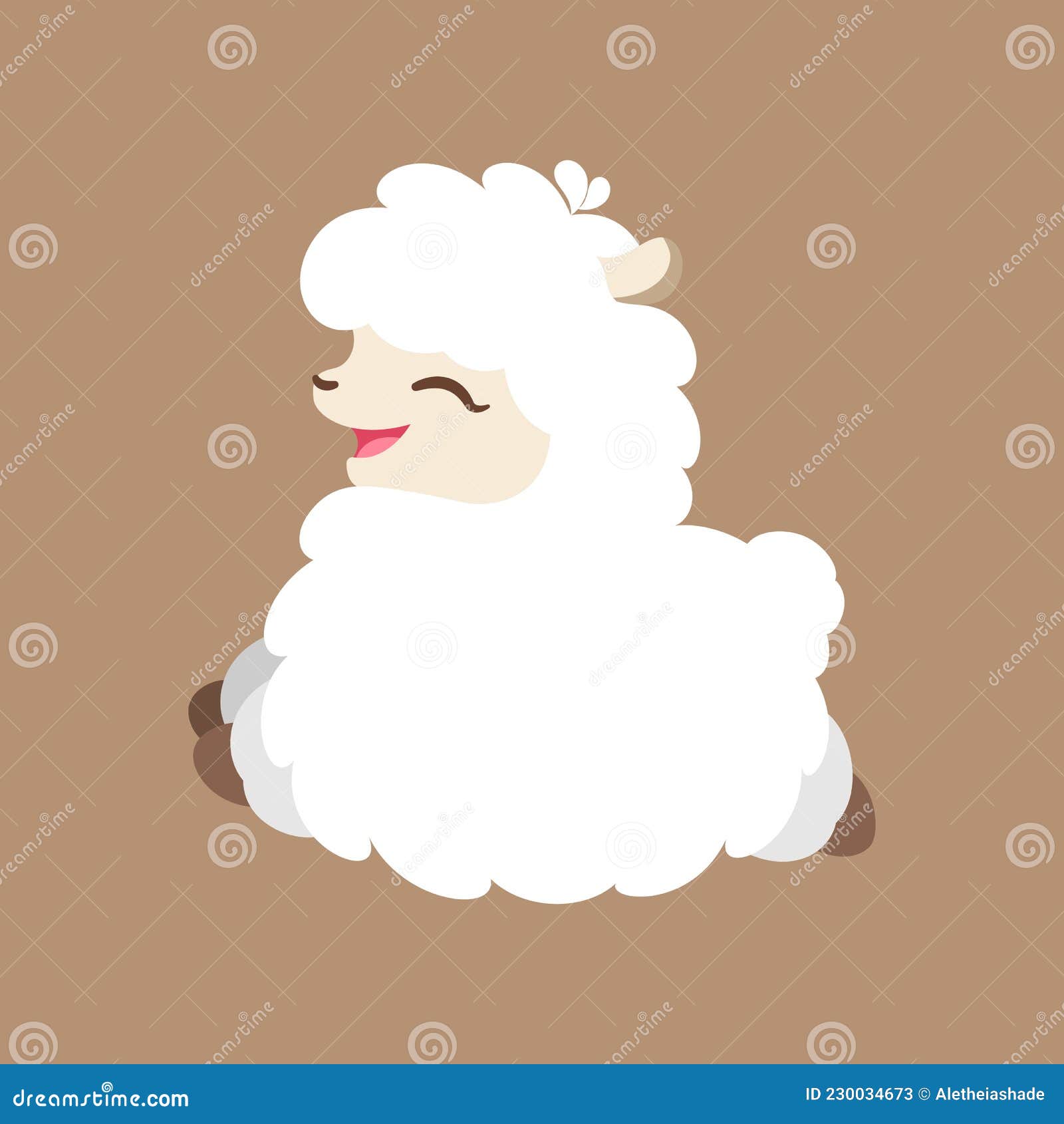 happy leaping fluffy white alpaca, sheep, llama animal cartoon  on brown background